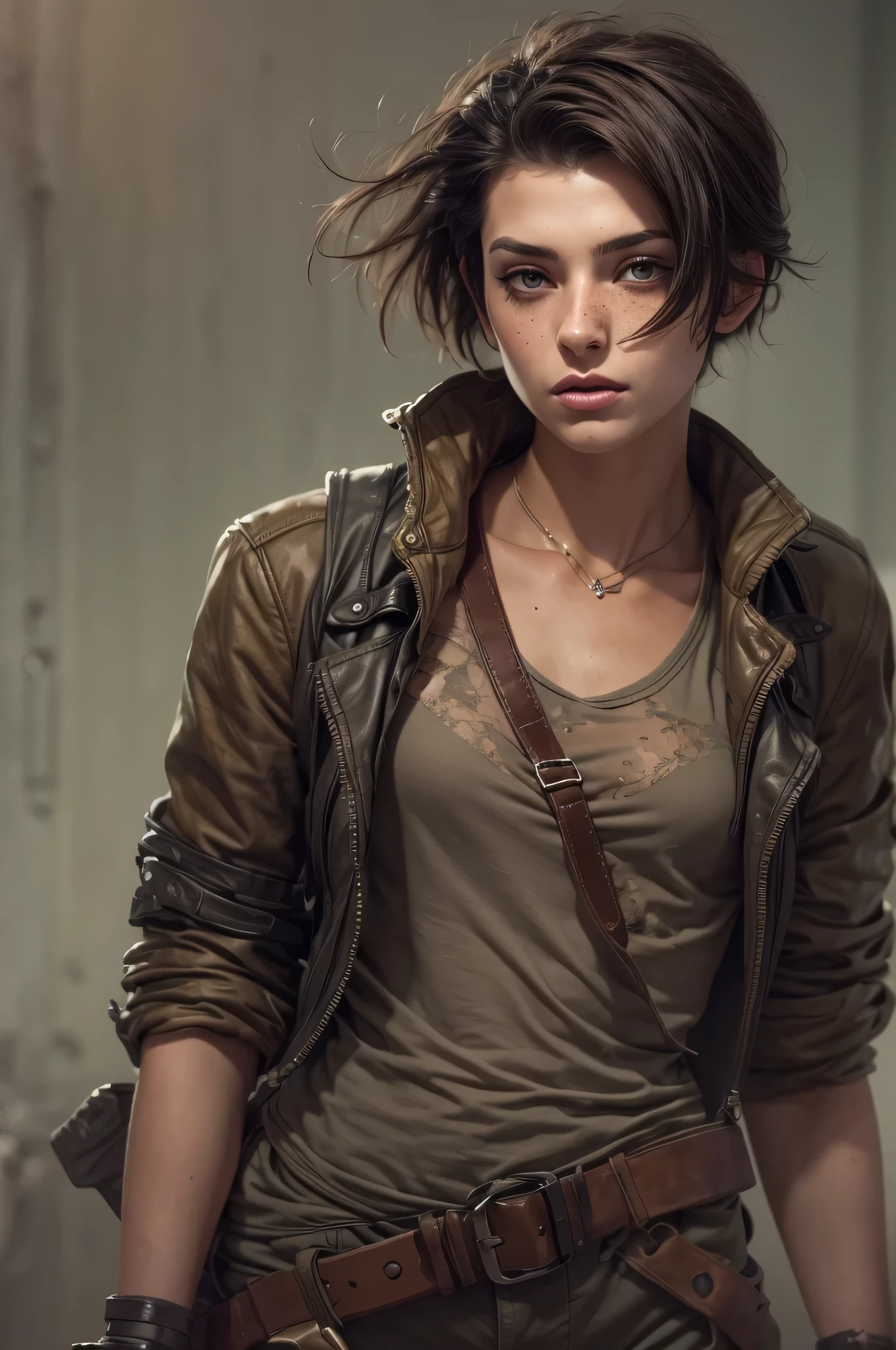 An androgynous female survivor in the wasteland. Apocalyptic setting. Very short hair. Short manly haircut. Dark-brown hair with a undercut. Very pale skin with freckles and liverspots. Round soft face. Round soft chin. Round soft cheeks. Curved lips. Long wide nose. Dark brown eyes. Upturned eyes. Very thin, barely visible eyebrows. Slim. . Long thick legs. Friendly. Kind. Androgynous. Tomboyish. Wearing the used clothes of a wastelander. Background: An apocalyptic wasteland. Dusty and depressing.