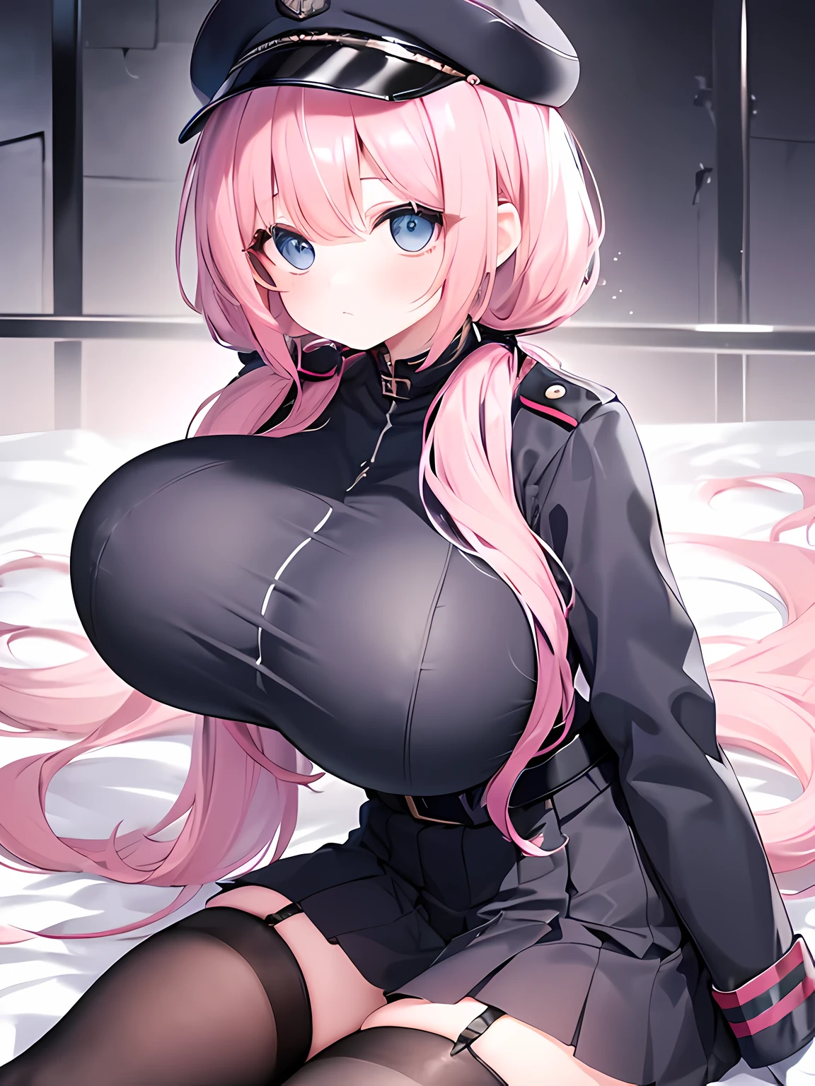star piece,highest quality,(Super detailed),written boundary depth,perfect sentence, Detailed CG,Super detailed,(highly detailed eyes,very cute face,highly detailed face:1.3),beautiful anime girl,(solo girl:1.9),(super huge breasts:1.9),(pink hair,low twin tails:1.5),(light blue eyes:1.3),(glare:1.3),show viewer,break,(black military uniform,honorarium,black military cap:1.5),epaulettes,decorate the mood,white gloves,black pleated skirt,micro mini skirt,black garter stockings,battlefield,Desolate wilderness,cloudy sky,break,Are standing,(put one hand on your waist),cowboy shot,(Angle from the side:1.2)