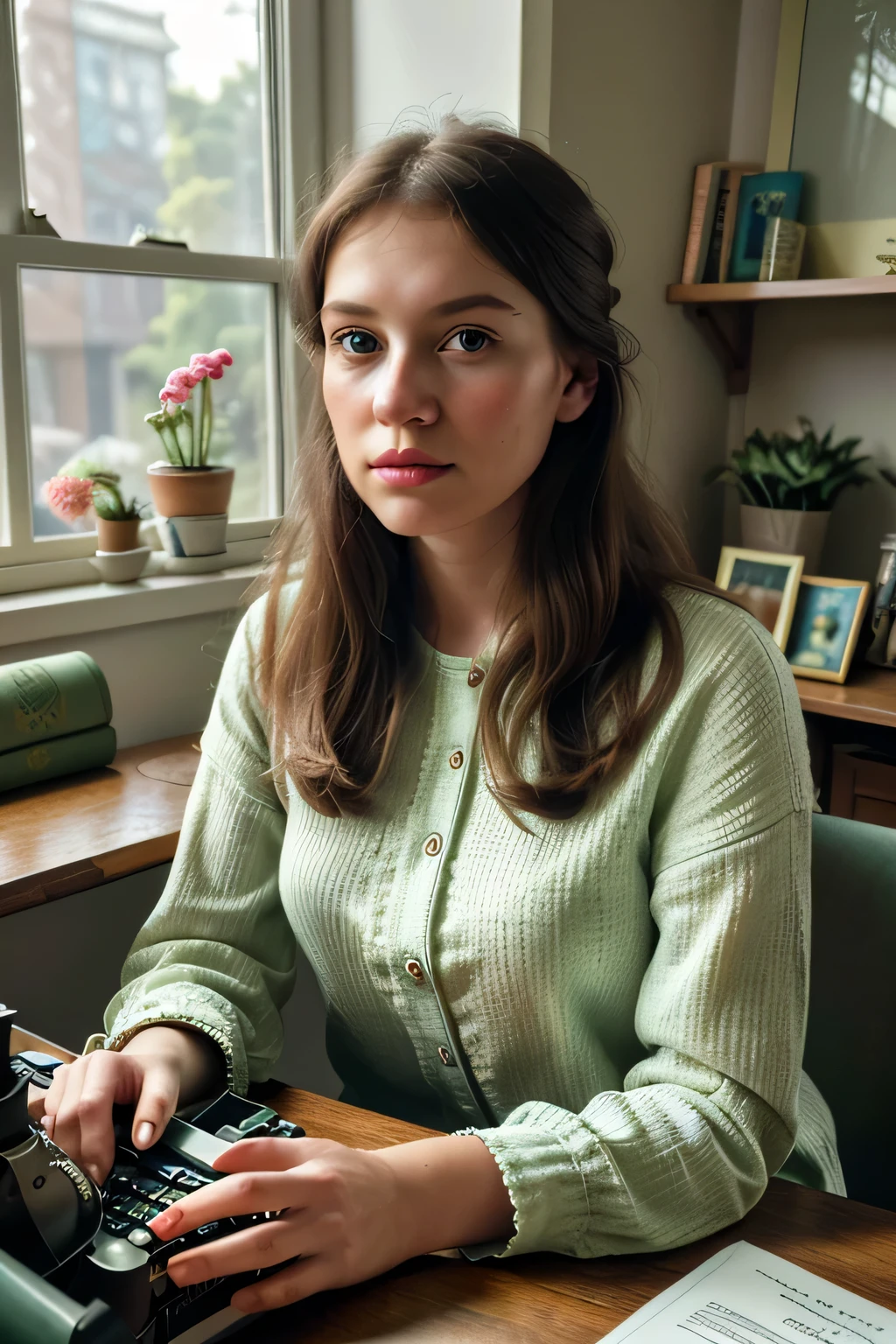 Girl sitting in a cozy home outfit, writing on an antique typewriter in a beautiful room. (Best quality, 8K, A high resolution, Photorealistic:1.37), detailed eyes, detailed lips, extremely detailed eyes and face, long eyelashes, dark brown hair, Peaceful expression, natural light, penetrating through the window, soft pastel color palette, vintage furniture and decor, bookshelves, filled with books, plants and flowers on the windowsill, A cup of tea on the table, Warm and welcoming atmosphere