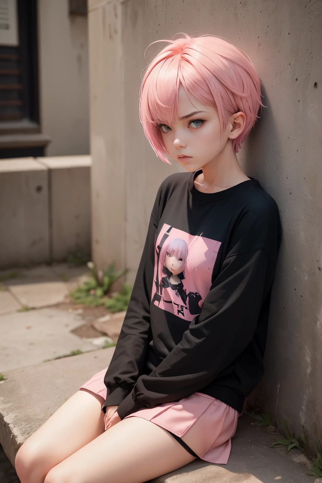 1girl, pink hair, short hair, black and pink clothes, flat, pink eyes, mean, short, sitting, angry, bored, sword