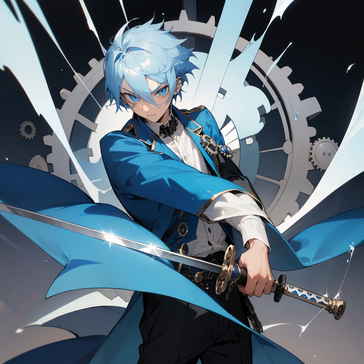 A 2D cartoon character, a -yeld boith piercing blue eyes, clad in all blue and white luxurious royal clothes, the hue of his attire reflecting in the polished silver hair that cascaded down his shoulders. Holding a steampunk sword with an almost flat expression, his eyes were fixed to the right, the cogs and gears of the weapon casting intriguing shadows on his face.