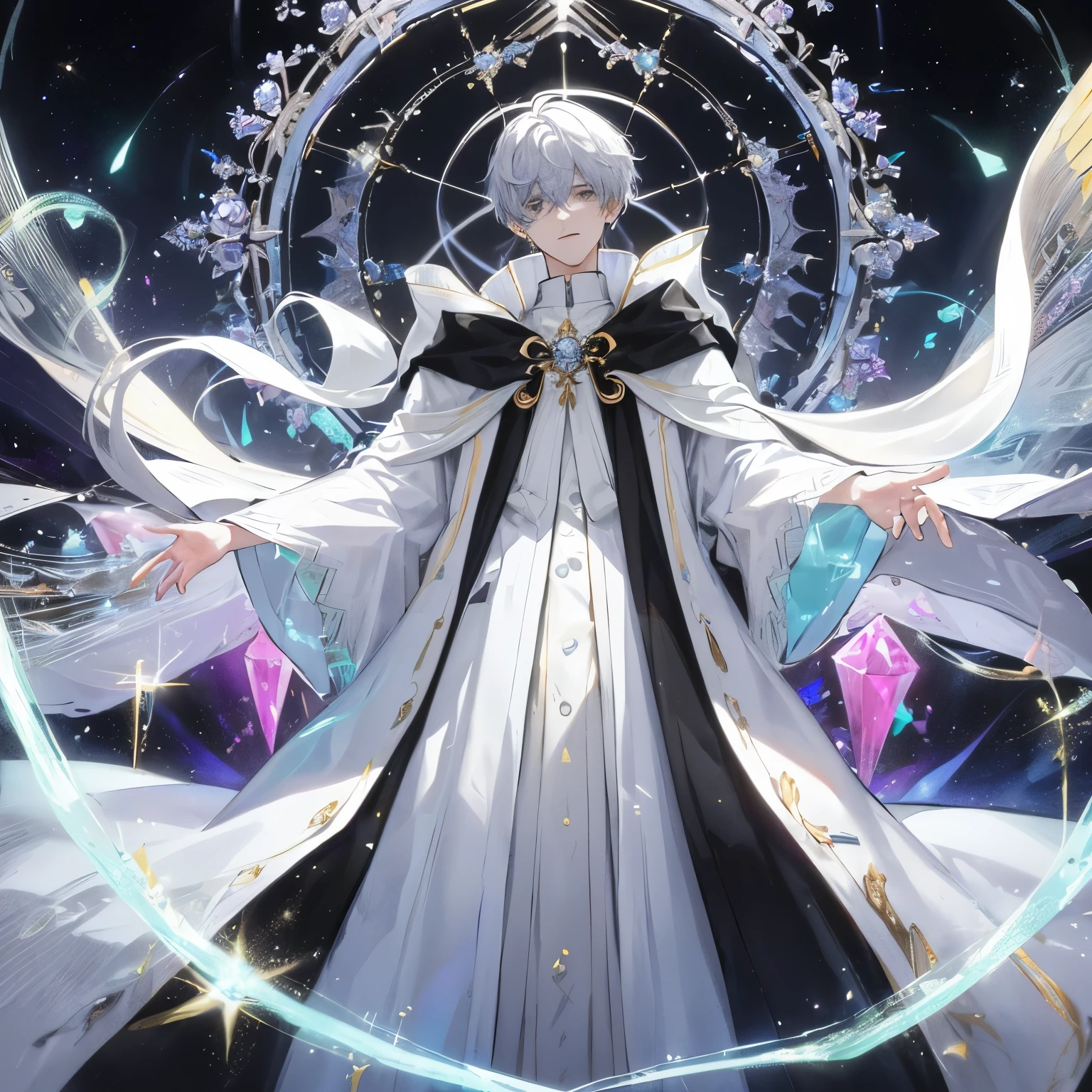 A majestic 16-year-old boy, adorned with black eyes that shimmered with shining white pupils, stood tall at a height of 5 feet. The spiritual aura that emanated from his being was encircled by sixteen vibrant square crystals of assorted colors, each one hovering around his stomach. His robe was a harmonious blend of black and barely-there white, the fabric softly cascading down his slender frame. The enchanting sight of him was further accentuated by the ethereal glow that radiated from within, enveloping his entire being in a transcendent aura. His body, exuding strength and wisdom beyond his years,