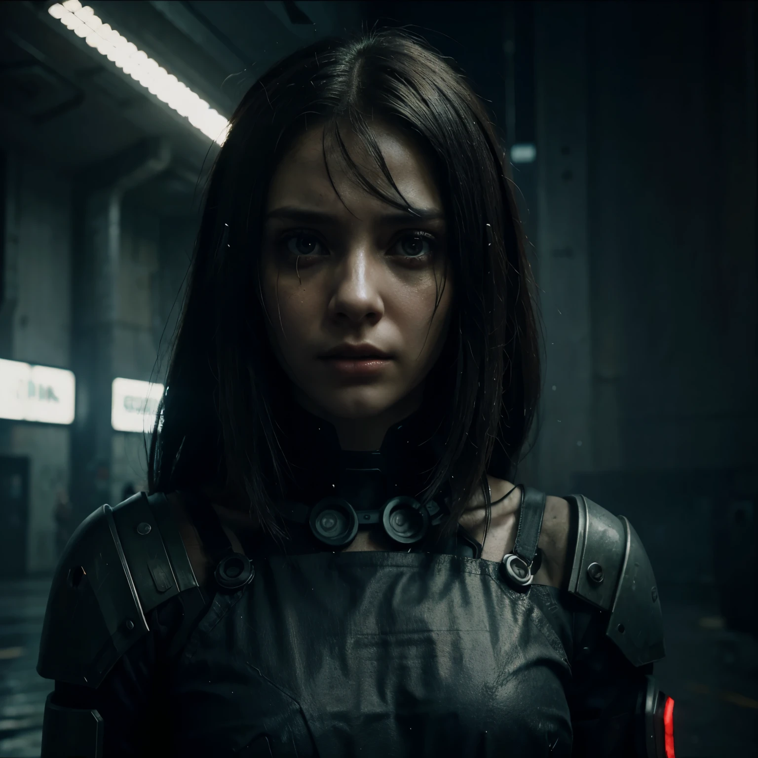 dystopian cyberpunk background with scared looking  human girl in the middle and ai robot government people surrounding her, staring at her blankly 