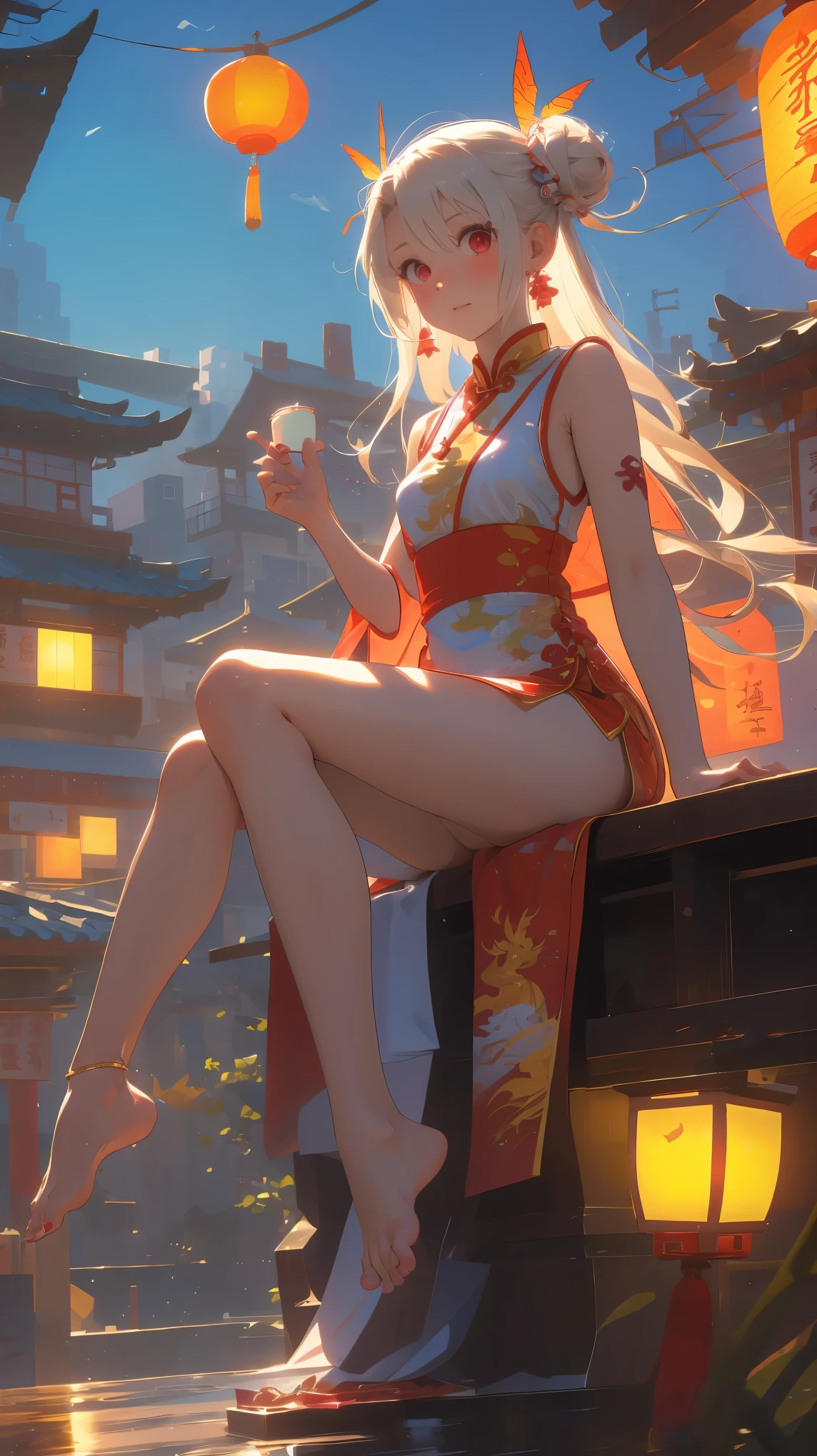 1girl, (illyasviel von einzbern),****,cream hair,red eyes,(embarrassed,blush),closed mouth,nsfw, barefoot,see-through dress, butterfly, butterfly hair ornament, chinese clothes,sleeveless, double bun,golden dragon print,bare foot,hair bun, hair ornament,jewelry,earrings,anklet,slim legs,spread legs,nail polish, small breasts, solo, toenail polish, toenails, toes, twintails,outdoor,Chinese style architecture, Chinese style, lake, ancient town, beautiful and meticulous water,the red lantern,fireworks,full moon,the Lantern Festival