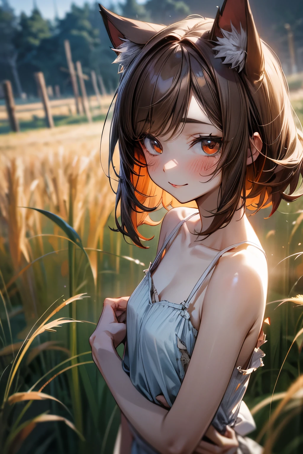 ((Masterpiece)), (Anime:1.3), ((best quality)), (RAW photo:1.2), (High Definition:1.3), (Professional Photography:1.2), (mist effect:1.3), from above, (()), cute teenage girlnematic lighting, BREAK, unruly hair, (smile and blush), cat ears, pale brown hair, Cute Beautiful girl, (Red makeup), BREAK, (tattered and torn camisole, dirty white camisole), slightly exposed small breast, Slender body, small breasts, barefoot, Textured skin, BREAK, (High Definition), (cute posing on the rye field), the setting sun, Crepuscular Rays, field of rye with many fruits