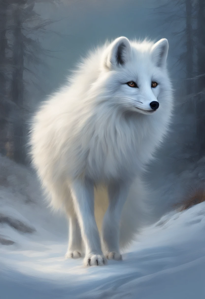 
        The king of ice and snow The white arctic fox is like the king of ice and snow，hairy all over，Their fluffy fur makes the polar environment more mysterious and beautiful HD，Mythical beast background with big moon detailed artistic beautiful artistic illustration, mythical creatures, Beautiful digital artwork Stunning digital illustrations, Very detailed artwork