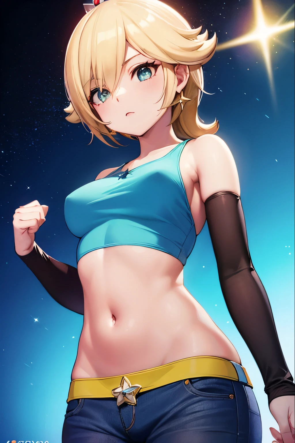 Rosalina, Rosalina, Cabelos loiros, olhos azuis, cabelo sobre um dos olhos, cabelos longos, micro shorts, shorts brancos, Lower breasts on display, blusa levantada mostrando parte dos seios, belly showing, coroa, brincos, joias, princesa, brincos de estrela, BREAK noite, Sky noturno, Sky, estrela\ (Sky\), estrela \(Symbol\), space, sol, BREAK olhando para o espectador, (foto de cowboy: 1.5), BREAK (arte: 1.2 ), melhor qualidade, high resolution, 8k unity wallpaper, (arte: 0,8), (lindos olhos detalhados: 1,6), rosto extremamente detalhado, perfect lighting, CG extremamente detalhado, (perfect hands, anatomia perfeita),