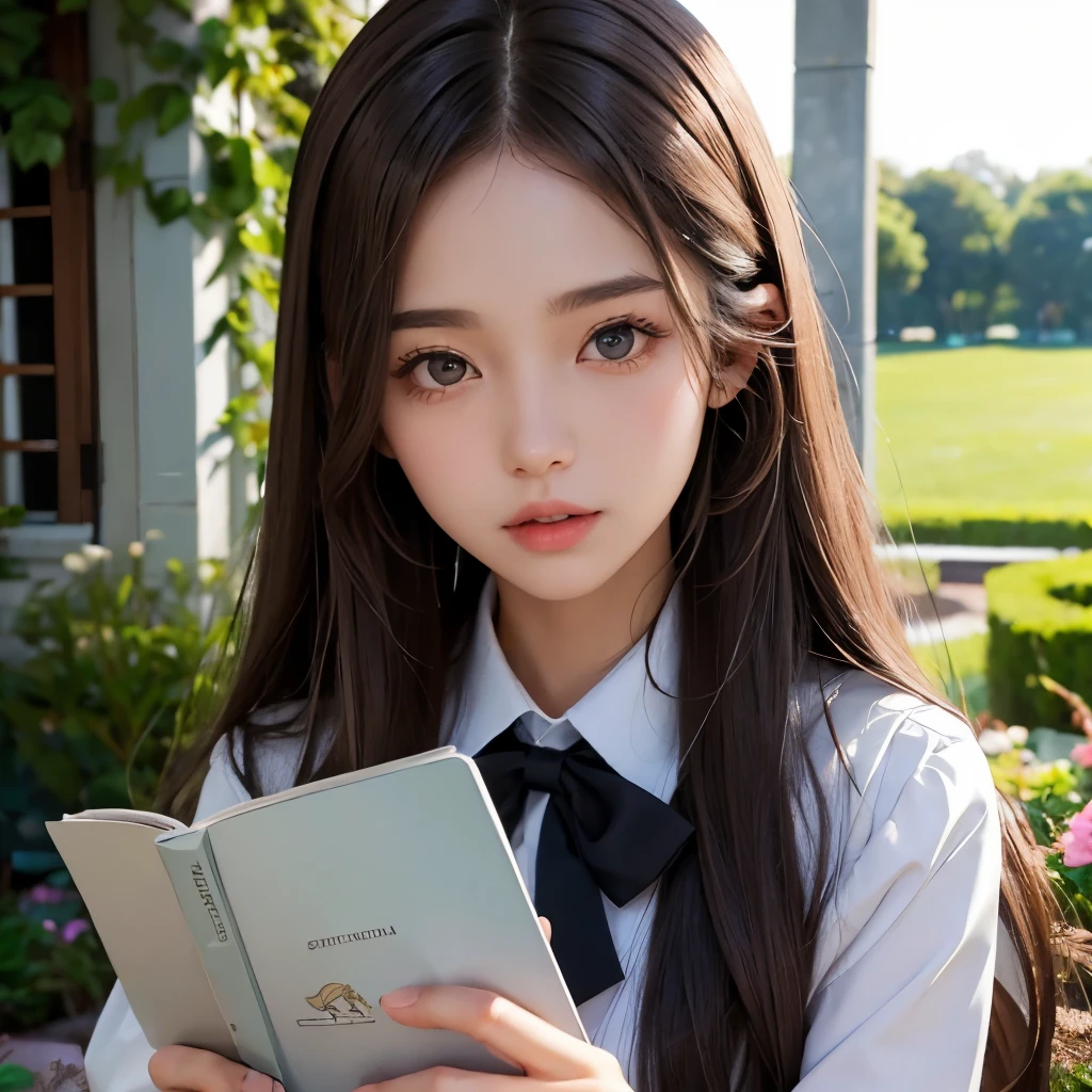 Girl, long soft brown hair, gray eyes, sharp features, white skin, formal school uniform, garden, book