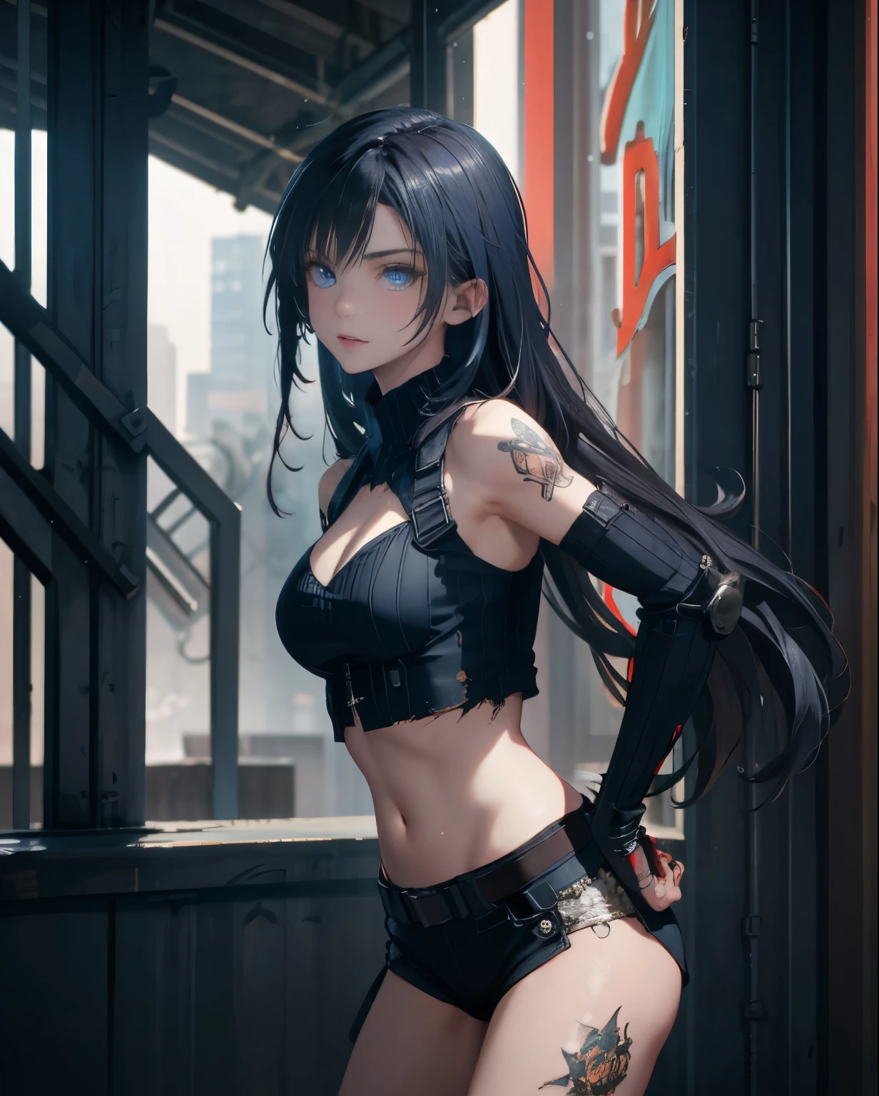Detailed photo of futuristic beautiful female warrior in dystopian city, Tattered outfit with rusty metal armor plates, long wild hair, Tattoos on the arms and body, Fashion poses, Blue eyes with round iris, Detailed face, apocalyptic environment, Natural Body Poses, Professional Photographer, Shooting with a professional SLR camera, Professional fantasy artist, Professional Rococo and Baroque background artist, Professional Art Station Artist