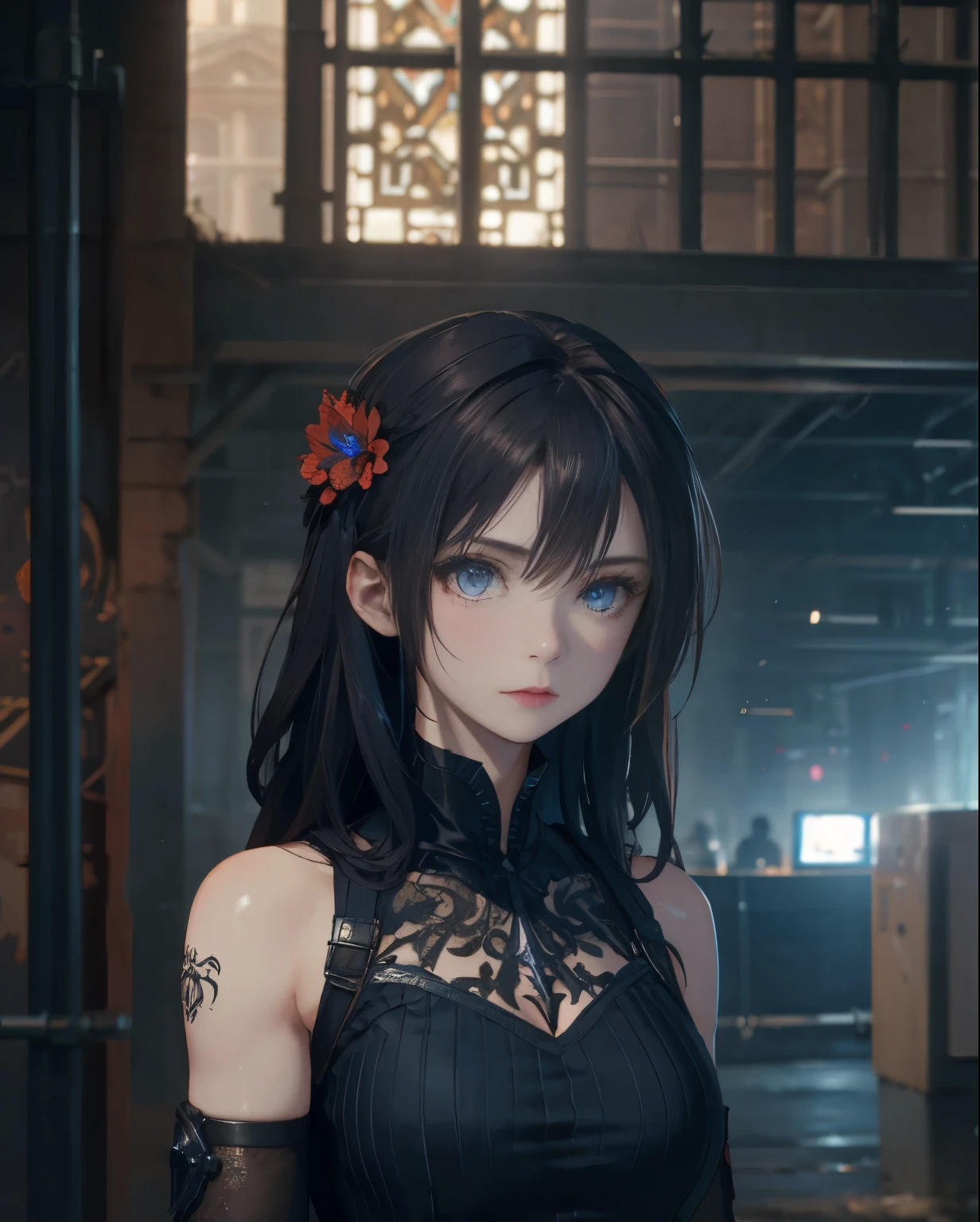 A wasit up solo portrait, Masterpiece Quality, complex details, close-up shot, color-defused, of a tall, athletic, martial goddess with long dark black hair, luminescent blue eyes, pale grey skin, and a thick hourglass body, dressed in elegant martial attire.
