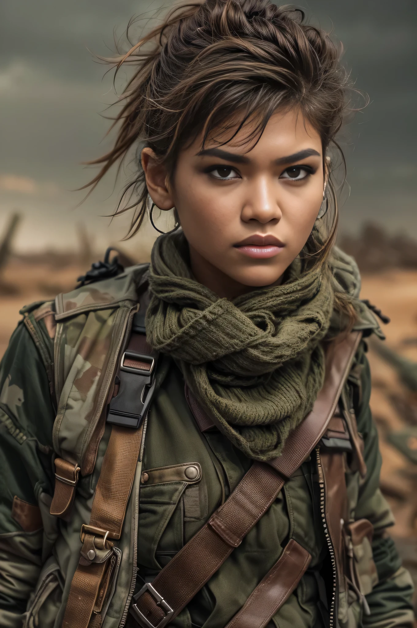 Masterpiece, (Zendaya:1.1), portrait of a beautiful 18 years old american girl in a post-apocalyptic wilderness, punk brown short hair shaved on sides, brown-green eyes, very dirty tan skin, high detailed skin, tense face, dramatic face, tough face, wearing military pants, wearing a kaki military scarf, wearing an open military vest, wearing punk jewelry, apocalypse tatoos on arms shoulders and torso, Badass girl, killer girl, wild girl, post-apocalyptic style, RAW, Dramatic lighting, threatening sky, lightnings, 8K, ultra high res.photorealistic, UHD, Phase one XF IQ4, 150 MP, post apocalyptic landscape in the background, dirt, dust, rumbles, debriad Max movie vibe:1.2)