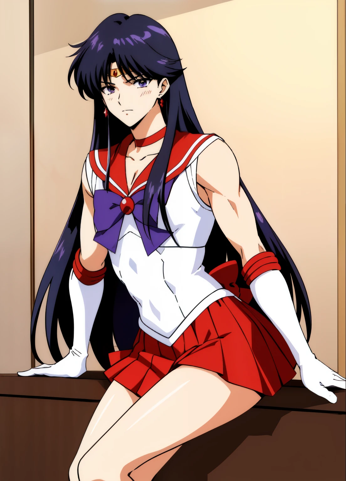 highest quality anime art、masterpiece、high definition anime art、アニメ4Kstyle、High resolution、anime boy、cool boy、Cool 、Have a subtle facial expression、sailor warrior uniform、sailor mars、gender change、gender change(girl to boy)、red sailor collar、Rei Hino、Masculinization、solo、earrings、jewelry、boy with very long black hair、Masculinization、white leotard、high leg leotard、white dress、white gloves、elbow bag、a boy is sitting on a throne、muscular and strong body、red_back_bow、blue_bow_tie、indoors、castle、red choker、blue bow tie、magical boy、blush、red skirt、skirt、boy with purple eyes、bare shoulders、bare legs、circlet、bow、back_bow、mini skirt、pleated skirt、rating:questionable、Hymn to the King as a Prince、(1990s\(style\):0.9)、