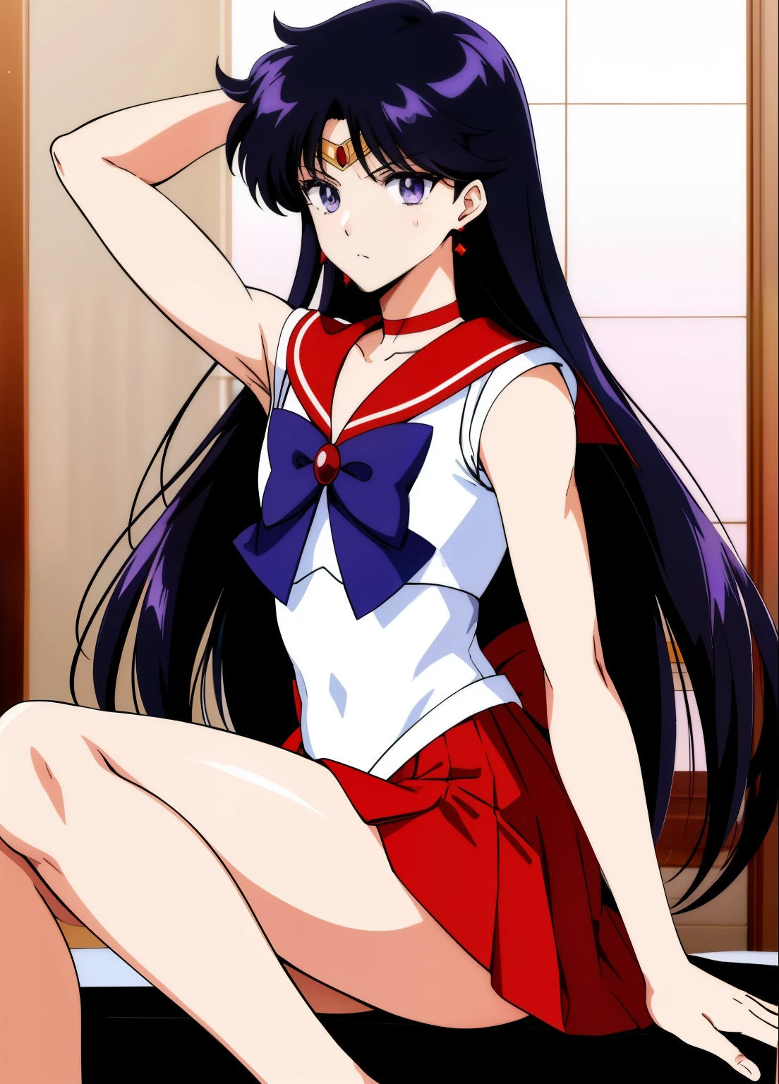 highest quality anime art、masterpiece、high definition anime art、アニメ4Kstyle、High resolution、anime boy、cool boy、Cool Junior High School Boy、Have a subtle facial expression、sailor warrior uniform、sailor mars、gender change、gender change(girl to boy)、red sailor collar、Rei Hino、Masculinization、solo、earrings、jewelry、boy with very long black hair、Masculinization、white leotard、high leg leotard、white dress、white gloves、elbow bag、a boy is sitting on a throne、muscular and strong body、red_back_bow、blue_bow_tie、indoors、castle、red choker、blue bow tie、magical boy、blush、red skirt、skirt、boy with purple eyes、bare shoulders、bare legs、circlet、bow、back_bow、mini skirt、pleated skirt、rating:questionable、Hymn to the King as a Prince、(1990s\(style\):0.9)、