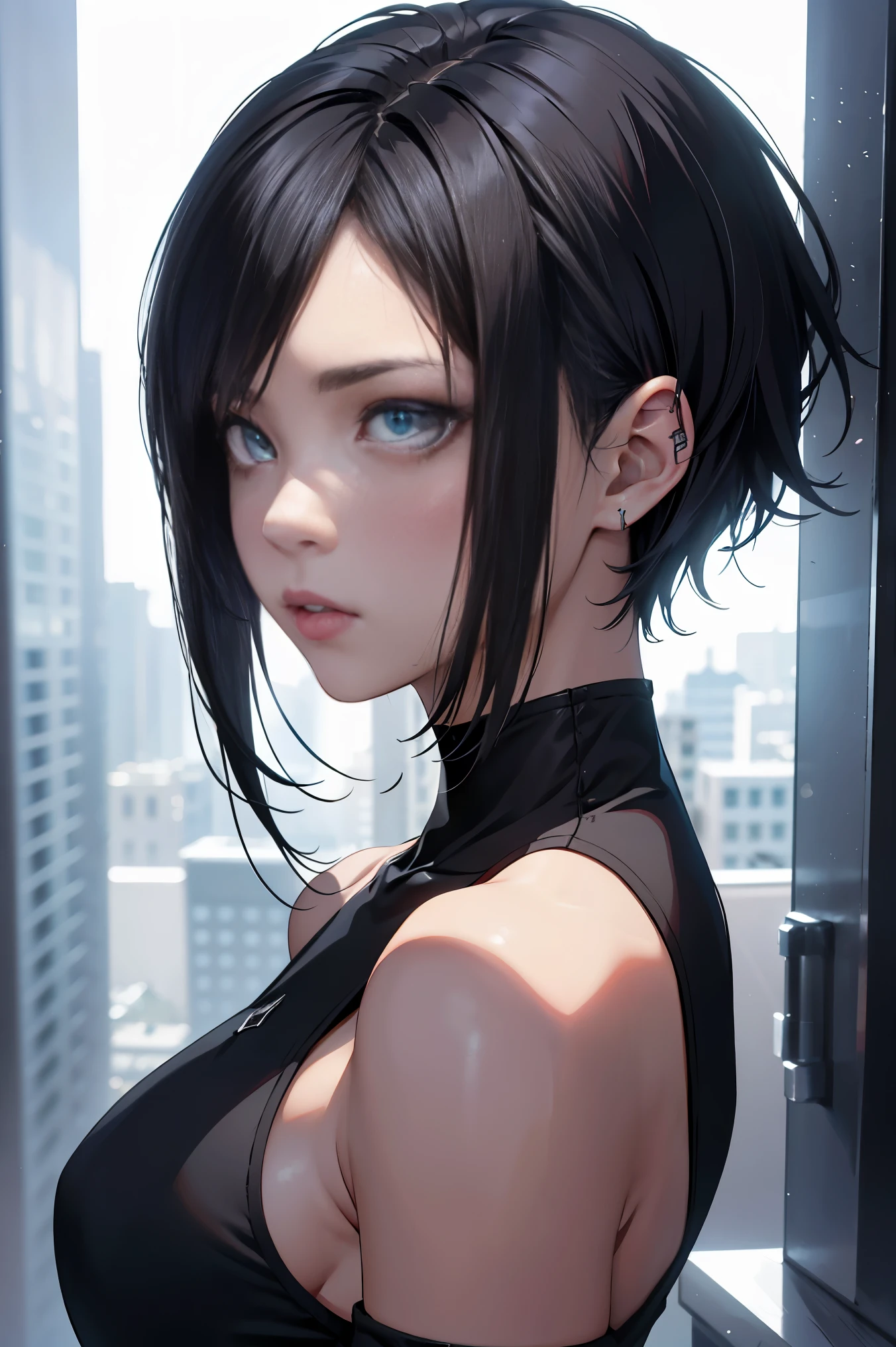 a 20 yo woman、Black blue hair、Bery short hair、(hi-top fade:1.3)、dark themed、Muted Tones、Subdued Color、highly contrast、(natural skin textures、Hyper-Realism、Soft light、sharp)