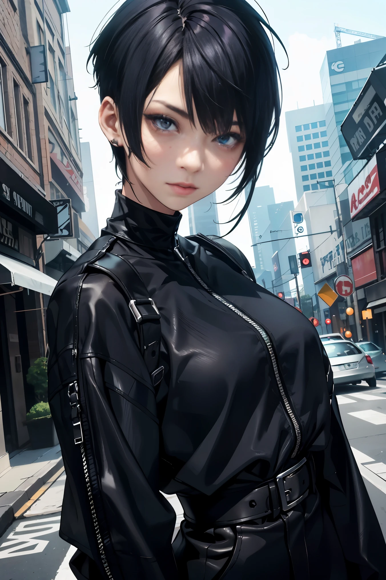 a 20 yo woman、Black blue hair、Bery short hair、(hi-top fade:1.3)、dark themed、Muted Tones、Subdued Color、highly contrast、(natural skin textures、Hyper-Realism、Soft light、sharp)