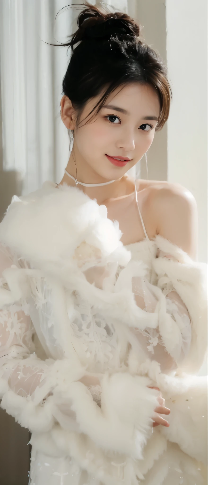 ((Masterpiece, Top image quality, high resolution、alone、skin shiny))(on the table, best quality, actual, super detailed, meticulous, high resolution, 8k wallpaper), Close-up portrait of a beautiful woman, like, smiling, light brown messy hair, Perfect dynamic composition, 美丽meticulous的眼睛, Just like the cover of a fashion magazine, on campus,Gorgeous costumes,hot stamping clothing,
