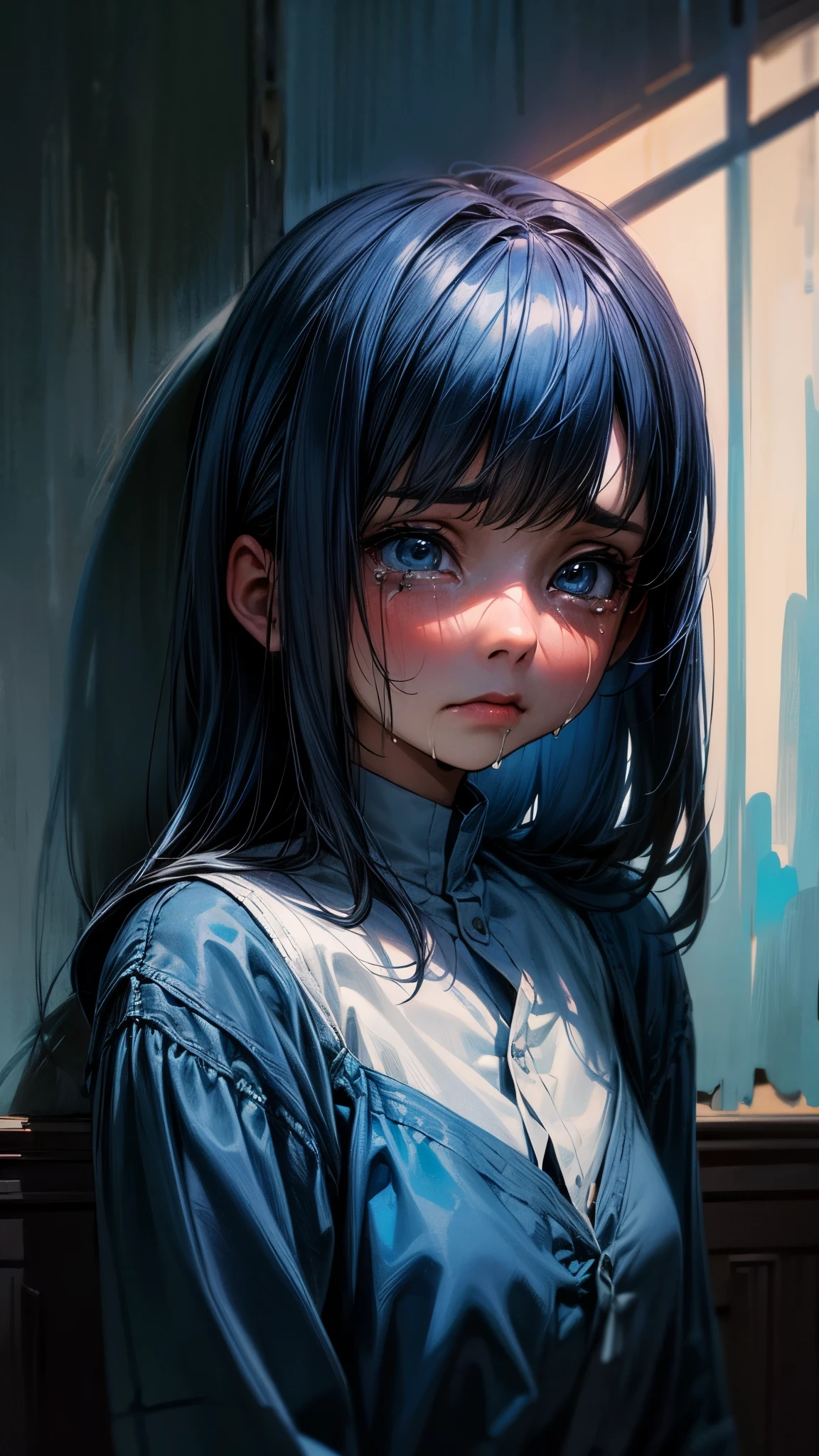 4k, realistic, sad girl, crying while holding her paintings, in the shadows... blue theme...