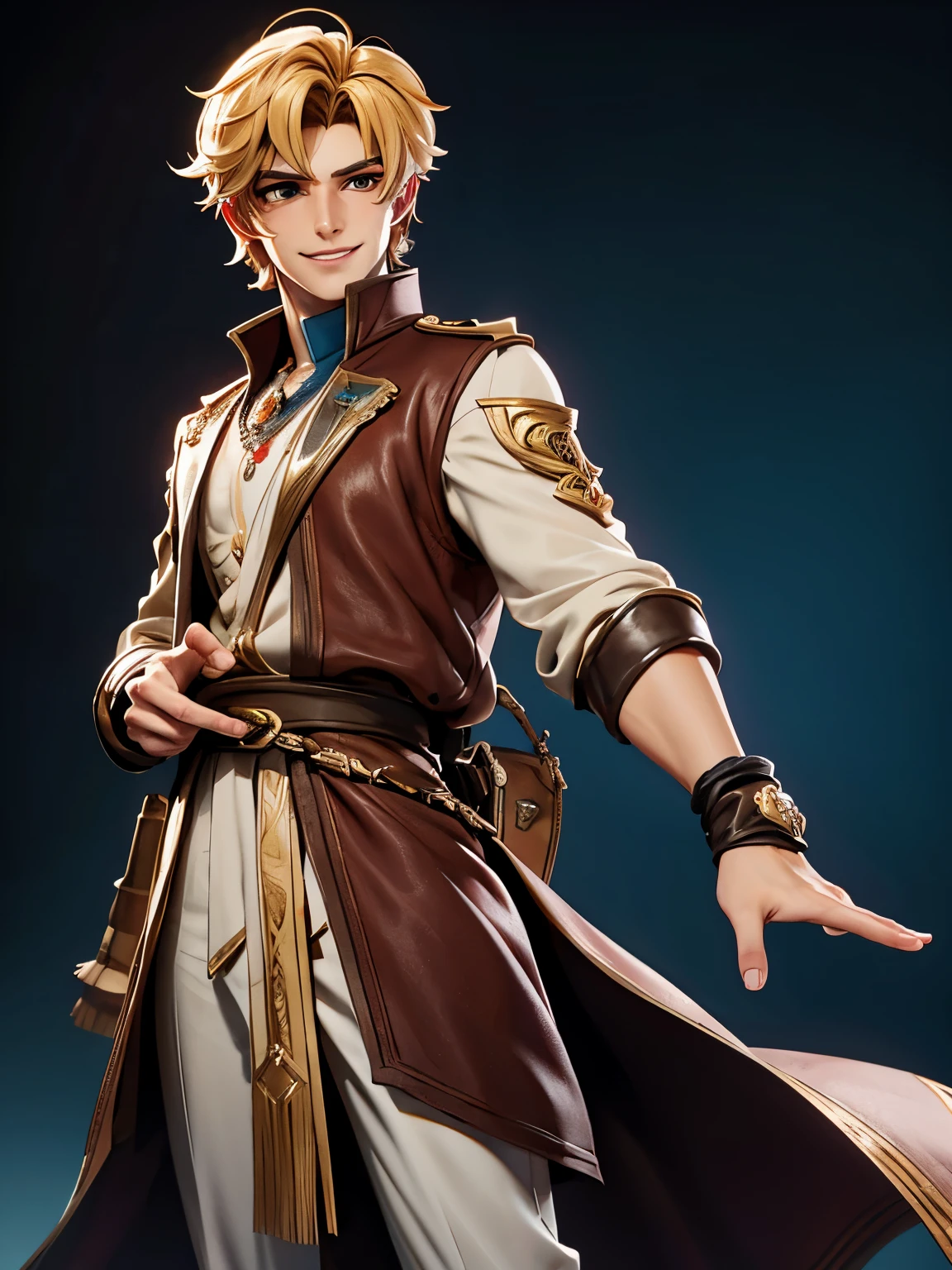 Nikolai is 22 years old, he has tanned skin, golden hair, shaved on one side and styled on the other, light brown eyes and slightly hooked nose, he has a beautiful face, outlined by the features of a fairy-tale prince;. He is described as extremely charming, handsome and smiling