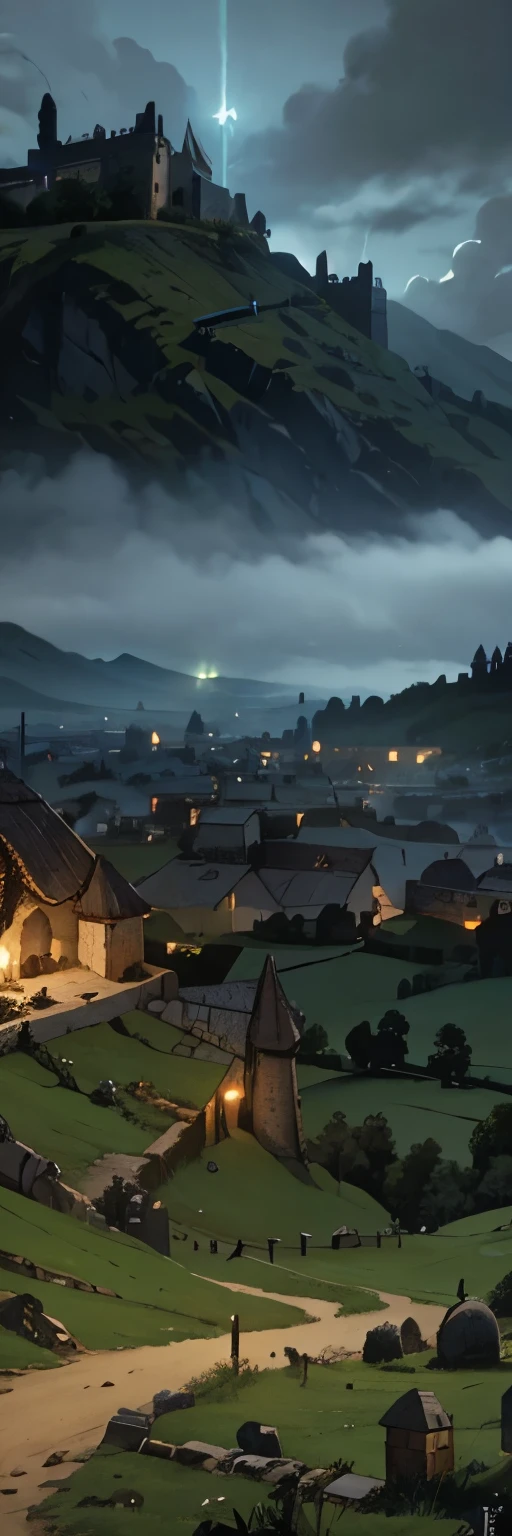 Medieval fantasy book illustration, landscape, tempestade sobre uma vila medieval, nuvens formando uma caveira, raios