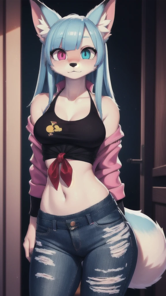 Heterochromia, light eyes: 0.2, heart pupils: 0.6, very detailed eyes: 0.4, very detailed pupils: 0.4. Highly Detailed Five Fingers: 0.8, Highly Detailed Hand: 0.8, Highly Detailed Arm: 0.8. Very beautiful illustration: 0.2, Masterpiece: 1.2, High quality: 1.2, 3D world: 0.4, Realism: 0.4, High quality 1.2, High resolution: 1.2, Anime illustration, Super illustration, Unreal Engine, Super three-dimensional illustration: 0.8, Sharpness, Best Picture, Very Detailed Background: 0.8, Super Fine: 0.8, Super Resolution: 1.8, Super 3D: 0.8, Super 3D CG: 0.8, 16K: 1.2. Casual room: 1.2. (01 only, single, 1 female: 1.2), (Hairy: 0.84), (Beastman: 0.86), (Dark blue furry: 1.2), Beautiful and cool fox in her 30s, Miho, hairstyle: long hair , has bangs, small face, slightly slim figure, fluffy tail attached to coccyx, casual letter print crew neck tank top, casual light outer jacket tied around waist, jeans