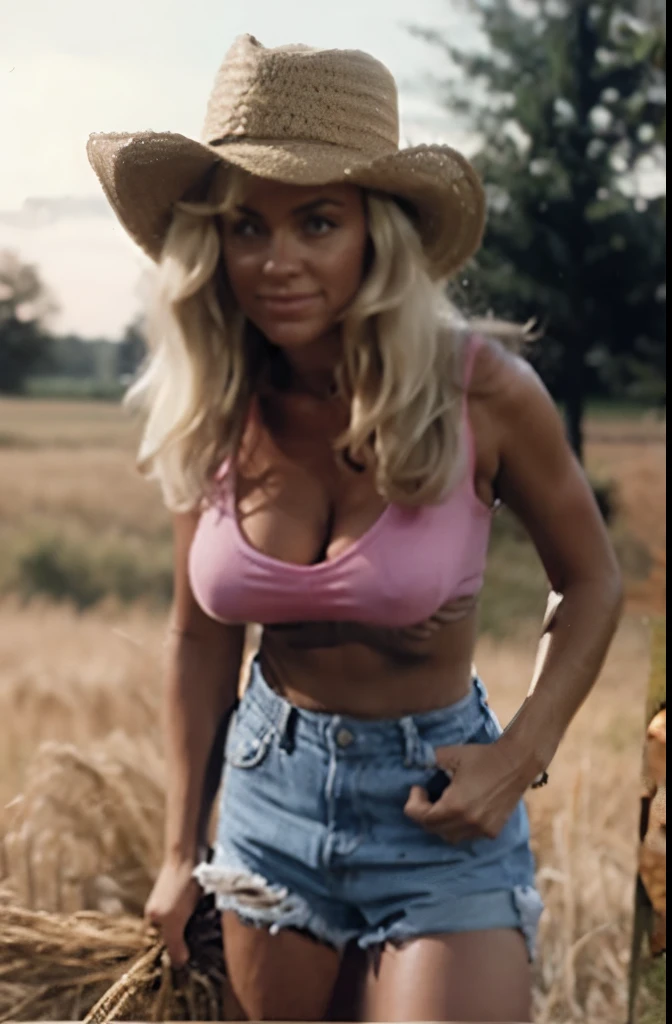sexy farm girl with cowboy hat standing in a wheat field, tan skin, long blonde hair, cut-off jean shorts, athletic and fit body, flirty, sexy, large breast with hard nipples poking out, cleavage, pink tank top, sunset, realistic, HDR, UHD, dynamic lighting, joyharmon