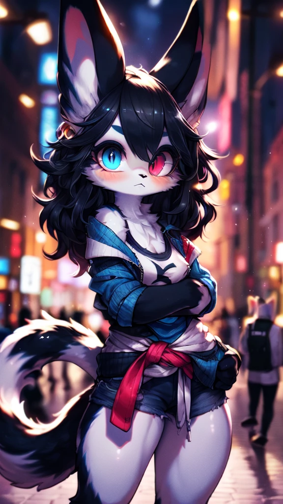 Heterochromia, light eyes: 0.2, heart pupils: 0.6, very detailed eyes: 0.4, very detailed pupils: 0.4. Highly Detailed Five Fingers: 0.8, Highly Detailed Hand: 0.8, Highly Detailed Arm: 0.8. Very beautiful illustration: 0.2, Masterpiece: 1.2, High quality: 1.2, 3D world: 0.4, Realism: 0.4, High quality 1.2, High resolution: 1.2, Anime illustration, Super illustration, Unreal Engine, Super three-dimensional illustration: 0.8, Sharpness, Best Picture, Very Detailed Background: 0.8, Super Fine: 0.8, Super Resolution: 1.8, Super 3D: 0.8, Super 3D CG: 0.8, 16K: 1.2. Casual room: 1.2. (01 only, single, 1 female: 1.2), (Hairy: 0.84), (Beastman: 0.86), (Dark blue furry: 1.2), Beautiful and cool fox in her 30s, Miho, hairstyle: long hair , has bangs, small face, slightly slim figure, fluffy tail attached to coccyx, casual letter print crew neck tank top, casual light outer jacket tied around waist, jeans