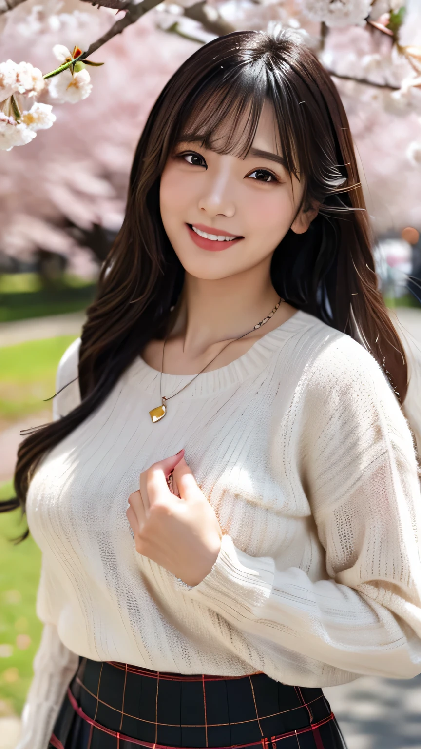 highest quality, Photoreal, finely, High resolution, 8k wallpaper, perfect dynamic composition, beautiful and detailed eyes, black hair、big and full breasts, random sexy pose,chest to chest、(Breast bulge 1.3)、laughter、(droopy eyes 1.4)、adult beauty、Japanese、look at the person taking the photo、20 year old girl、 ((white sweater, long sleeve, black skirt, plaid skirt, Snazzy, necklace)), garden, ((cherry blossoms, cherry blossomsが散る))