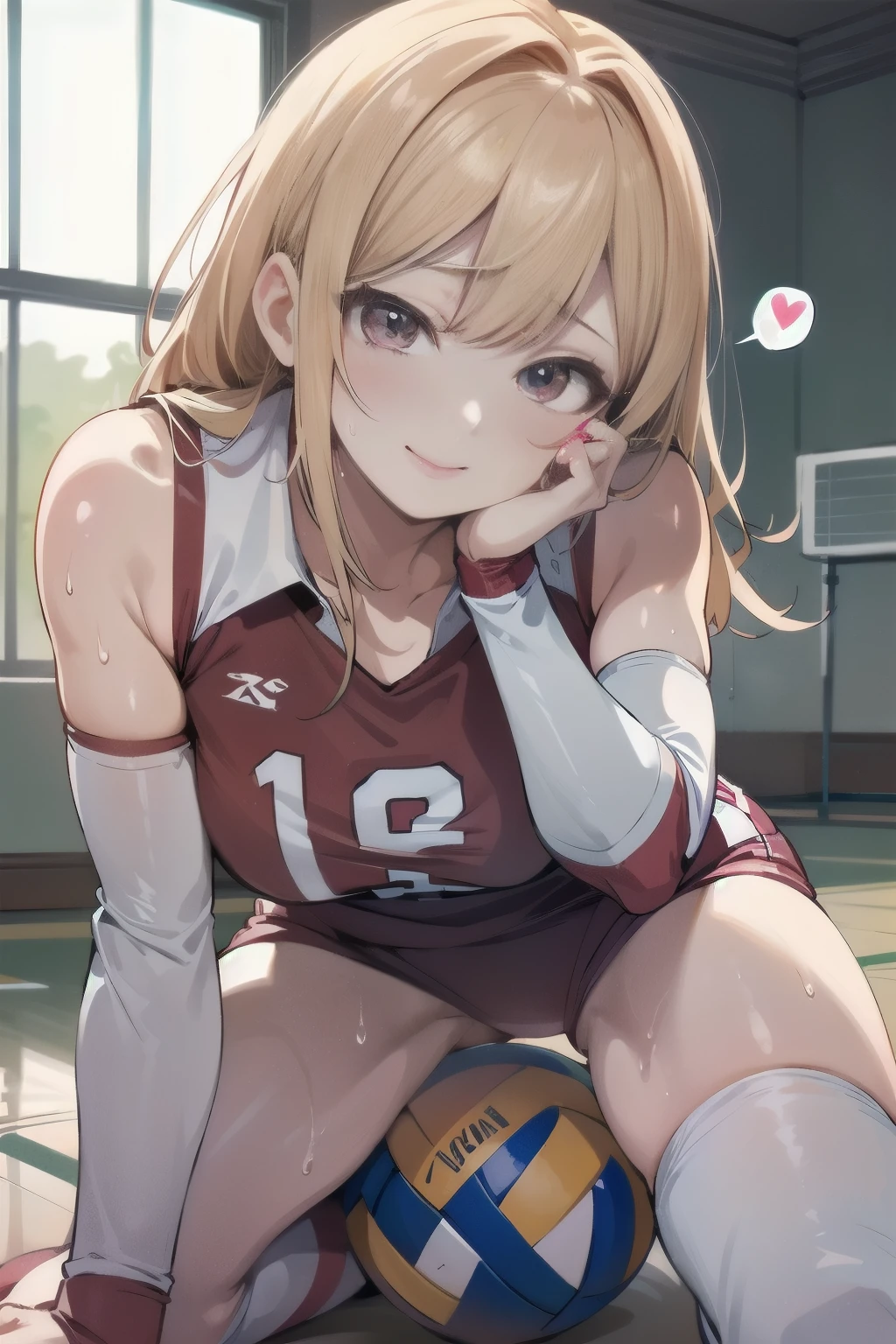 unity 8k wallpaper, anatomically correct, (((masterpiece))), (((best quality))), (((ultra detailed))), (((high-resolution))), ((Ultimate cutie)), perfect hands, perfect finger, (((good anatomy))), detailed beautiful face, shiny hair, (((gyaru))), (potbelly), (curvy), medium breasts, ((Thick thighs)), (((solo))), ((seductive smile)), (((blush))),
BREAK, (((sit astride the perfectly spherical shape 6-inch volleyball))), (((Straddling a perfectly spherical 6" volleyball))), (((Perfectly spherical 6" volleyball fits perfectly crotch))), BREAK, (((Rub the Perfectly spherical 6" volleyball against crotch))), (masturbation),
BREAK, (Collared volleyball uniforms), sleeveless, ((buruma)), ((kneepad)), pussy juice stained, (elbow pad), (((sweat))), (((covered in sweat))), ((deep breathing)), in Volleyball Court, indoor, lighting, looking at viewer, full body, (spoken heart)
