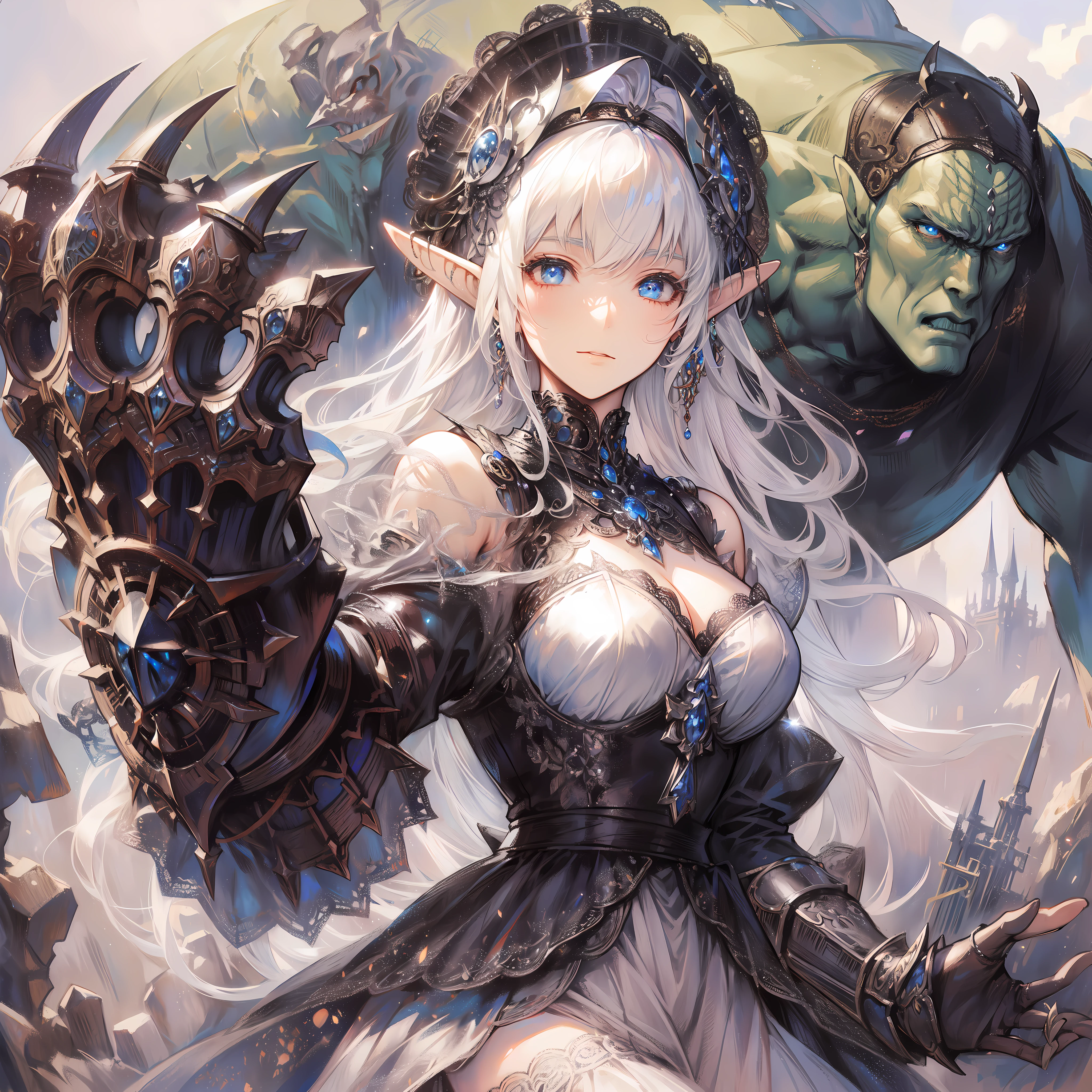 path an elf woman wearing a long-sleeved and intricate Gothic maid outfit with details of armor to protect her shoulders and chest, white hair, blue eyes, She wears a massive gauntlet with claw, fighting against giants ogre, by Artgerm, A warrior hailing from a distant land far from the comforts of civilization, cinematic dynamic Angle, Hayao Miyazaki, Mikimoto Haruhiko, frank frazetta, Cinematic Dramatic atmosphere, fantasy, 8k, watercolor painting