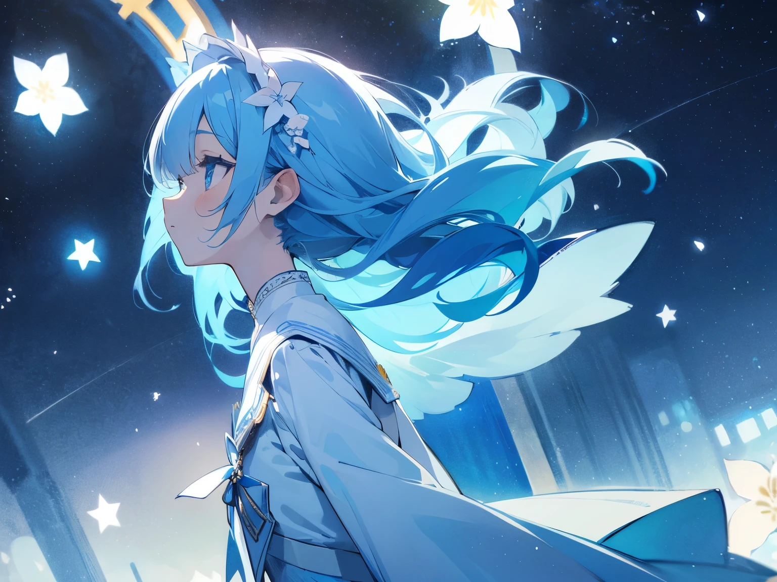 starry night sea、Profile of a blue girl in a white dress with white flower decoration and blue inner color、Misha、hair over one eyes、nervous、from directly below、Low - Angle、Angel&#39;s wing