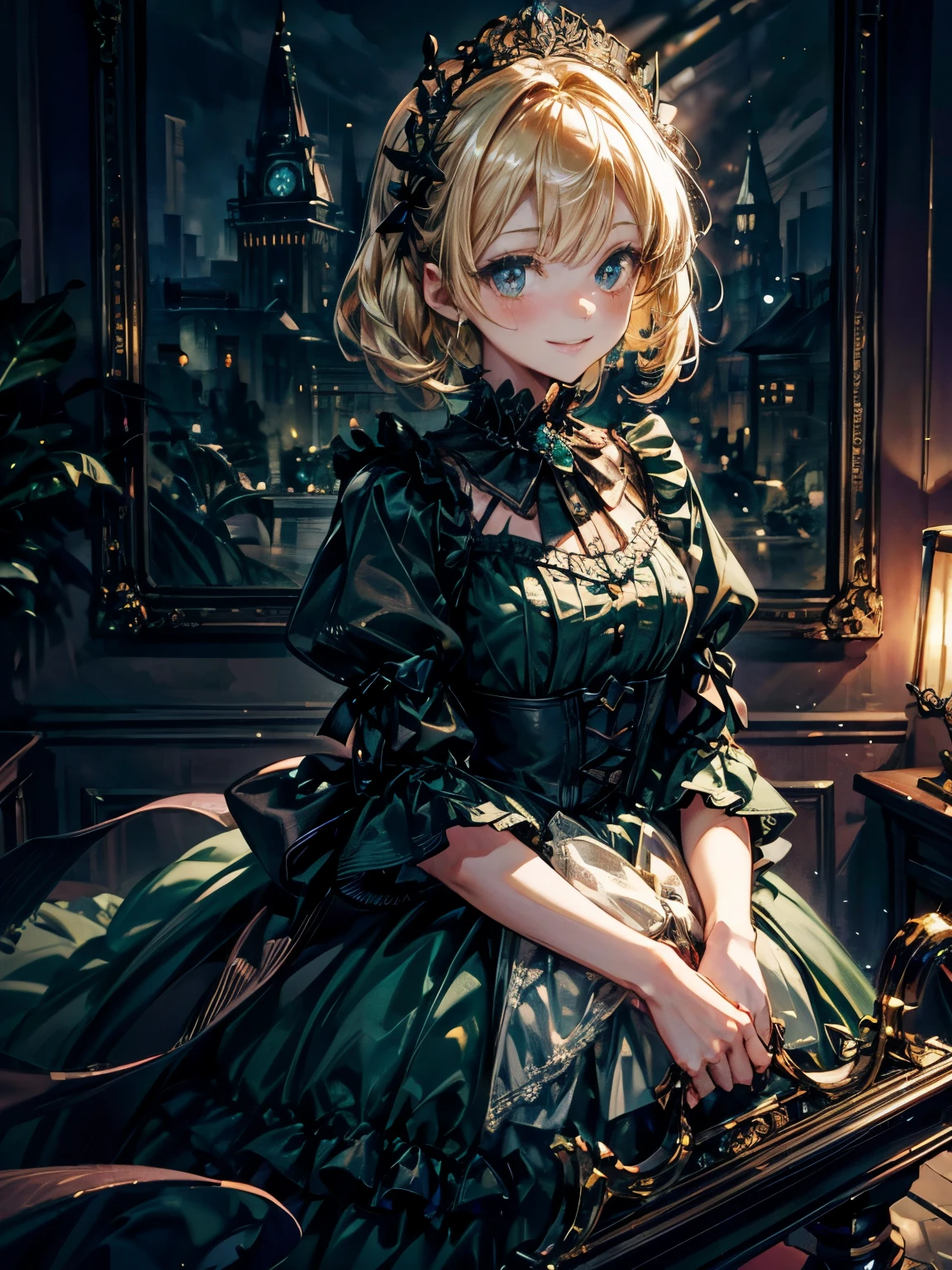 prompt: 8K resolution, delicate features, , single, Unique pupils, A smiling smile, blonde, princess cut, Bow hair ornament, brooch, shiny dark green dress, lolita style, gothic style, facing the viewer, Otaku room, female imp