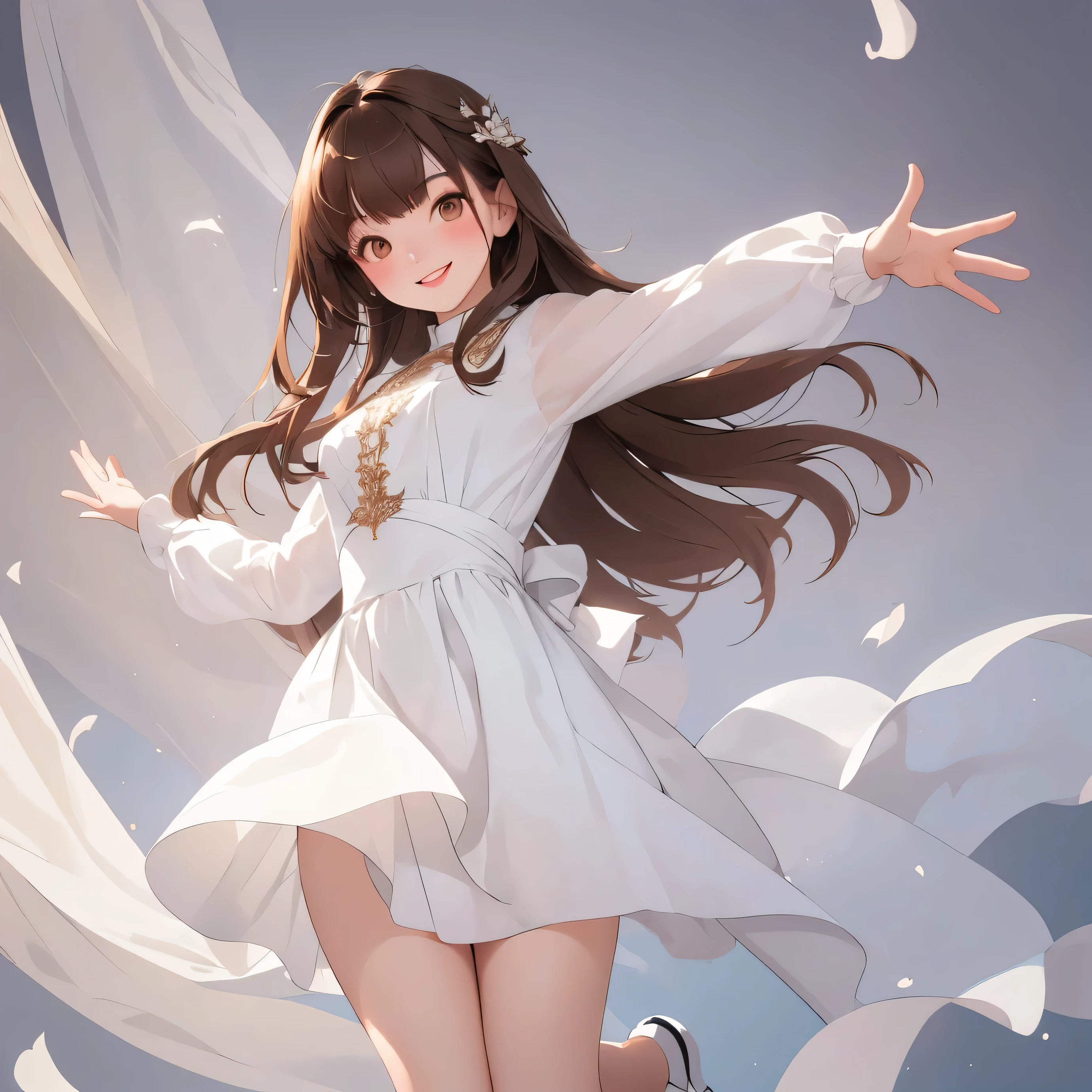 miss,Age 20 years,Bangs,long brown hair,Smile,white dress,portrait,(masterpiece, best quality, high resolution),whole body,open your hands,Jump