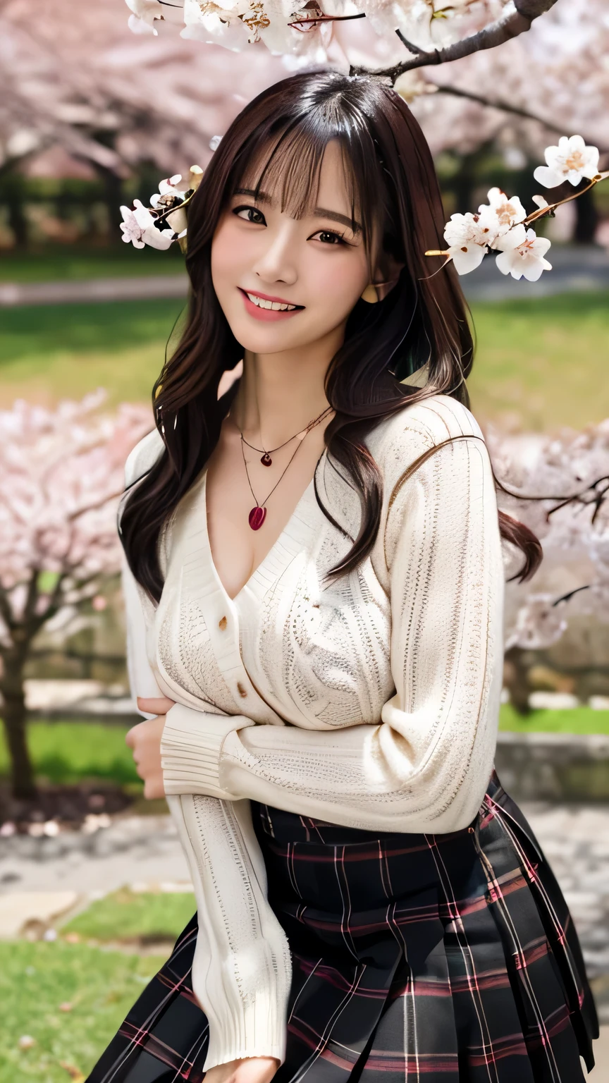 highest quality, Photoreal, finely, High resolution, 8k wallpaper, perfect dynamic composition, beautiful and detailed eyes, black hair、big and full breasts, random sexy pose,chest to chest、(Breast bulge 1.3)、laughter、(droopy eyes 1.4)、adult beauty、Japanese、look at the person taking the photo、20 year old girl、  ((white sweater, long sleeve, black skirt, plaid skirt, Snazzy,  necklace)), garden, ((cherry blossoms, cherry blossomsが散る))