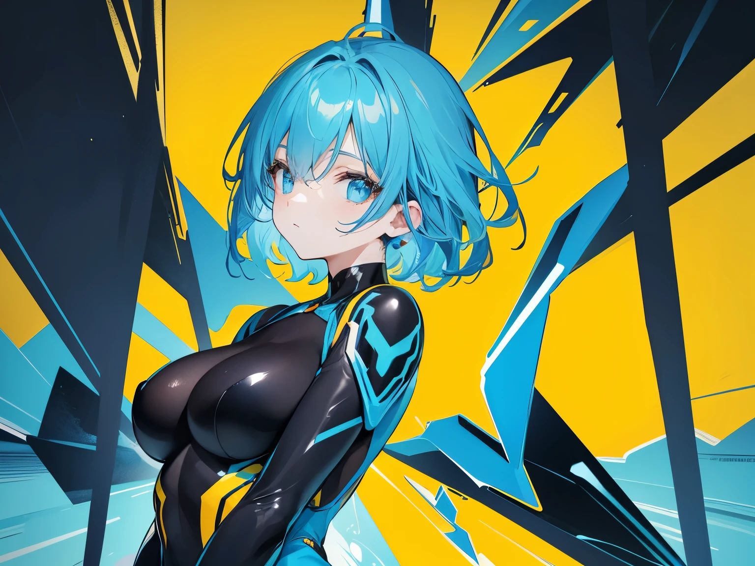1 european woman floating, upper body, black bodysuit,short light blue hair, ultra sexy,abstract yellow pattern background, (abstract yellow pattern background)
