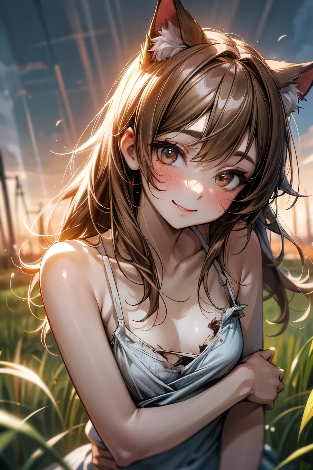 ((Masterpiece)), (Anime:1.3), ((best quality)), (RAW photo:1.2), (High Definition:1.3), (Professional Photography:1.2), (mist effect:1.3), from above, (()), cute teenage girl, cinematic lighting, BREAK, unruly hair, (smile and blush), cat ears, pale brown hair, Cute Beautiful girl, (Red makeup), BREAK, (tattered and torn camisole, dirty white camisole), slightly exposed small breast, Slender body, small breasts, barefoot, Textured skin, BREAK, (High Definition), (happy posing on the rye field), the setting sun, Crepuscular Rays, field of rye with many fruits
