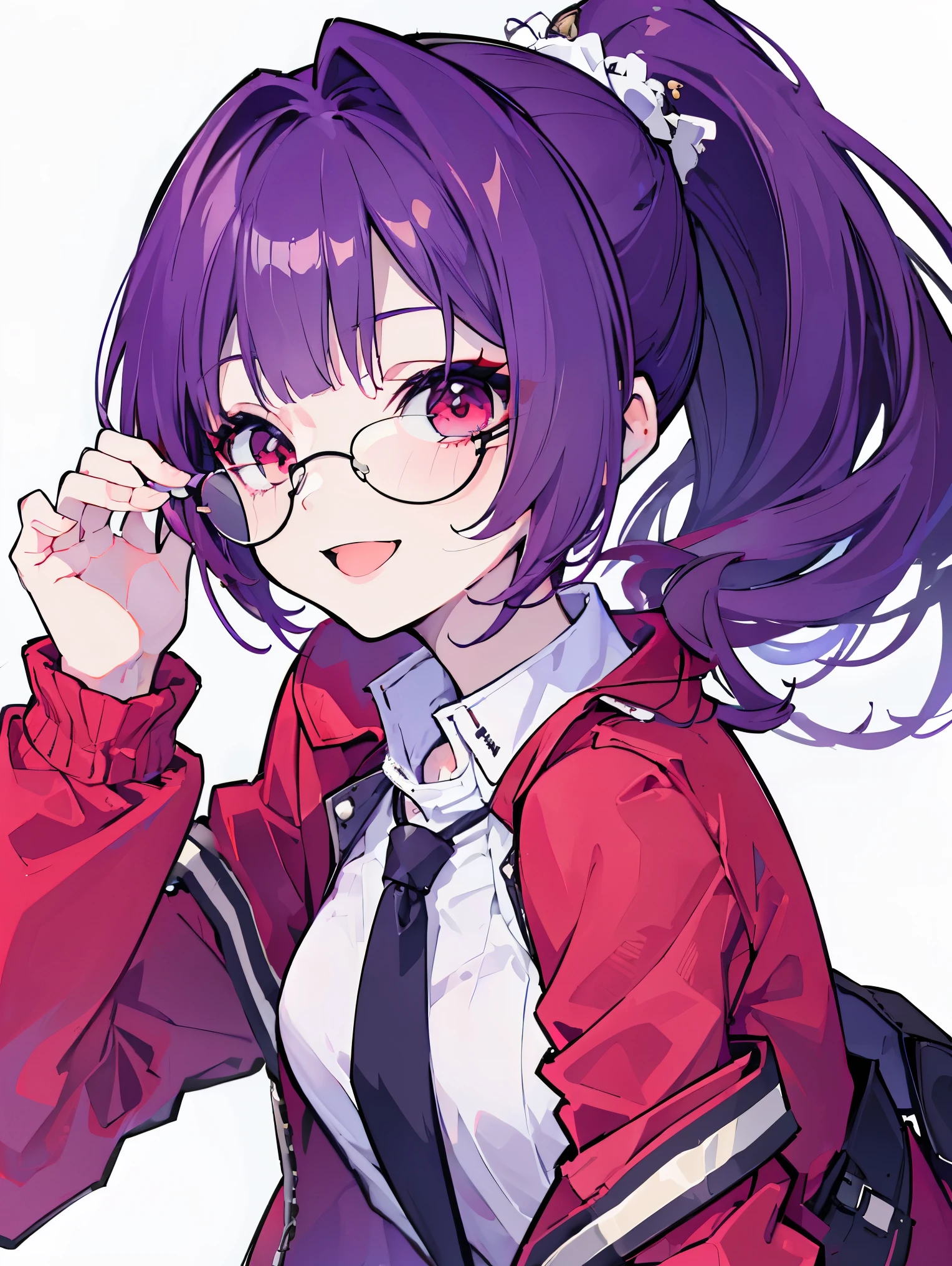 (highest quality、masterpiece:1.2) (((1 girl))) flat chest ((Punk costumes)) short hair、red eyes、purple hair ((sunglasses)) (vulgar smile) Jacket、ponytail、white shirt