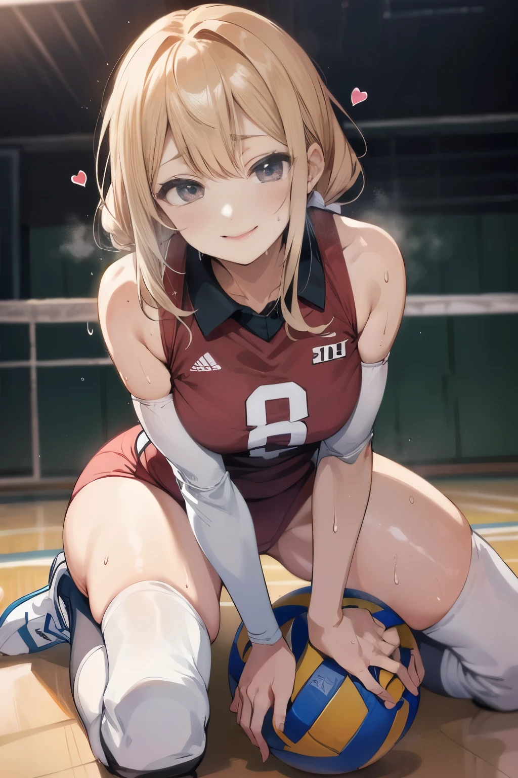 unity 8k wallpaper, anatomically correct, (((masterpiece))), (((best quality))), (((ultra detailed))), (((high-resolution))), ((Ultimate cutie)), perfect hands, perfect finger, (((good anatomy))), detailed beautiful face, shiny hair, (((gyaru))), (potbelly), (curvy), medium breasts, ((Thick thighs)), (((solo))), ((seductive smile)), (((blush))),
BREAK, (((sit astride the perfectly spherical shape 6-inch volleyball))), (((Straddling a perfectly spherical 6" volleyball))), (((Perfectly spherical 6" volleyball fits perfectly crotch))), BREAK, (((Rub the Perfectly spherical 6" volleyball against crotch))), (masturbation),
BREAK, (Collared volleyball uniforms), sleeveless, ((buruma)), ((kneepad)), pussy juice stained, (elbow pad), (((sweat))), (((covered in sweat))), ((deep breathing)), in Volleyball Court, indoor, lighting, looking at viewer, full body, (spoken heart)