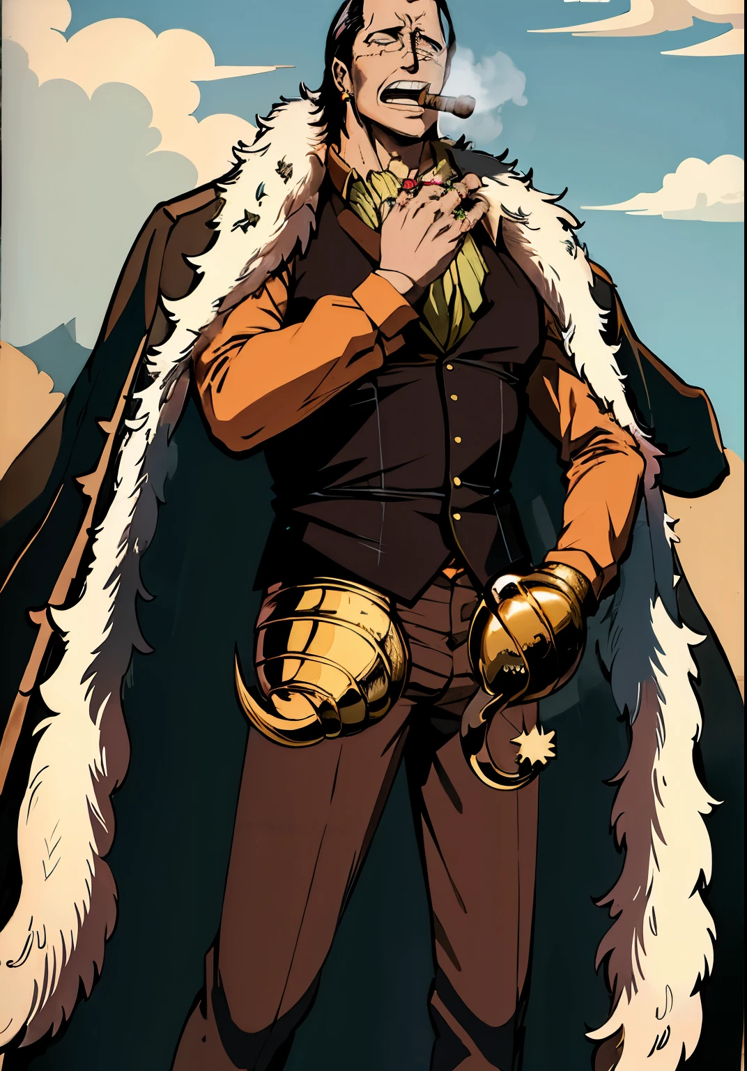 4k, best quality, ultra high res, masterpiece, Crocodile, male, solo, male focus, ascot, coat on shoulders, cigar, smoking, shirt, long sleeves, black vest, coat, fur trim, jewelry, earrings, pants, ring, (hook:1.2), cowboy shot
