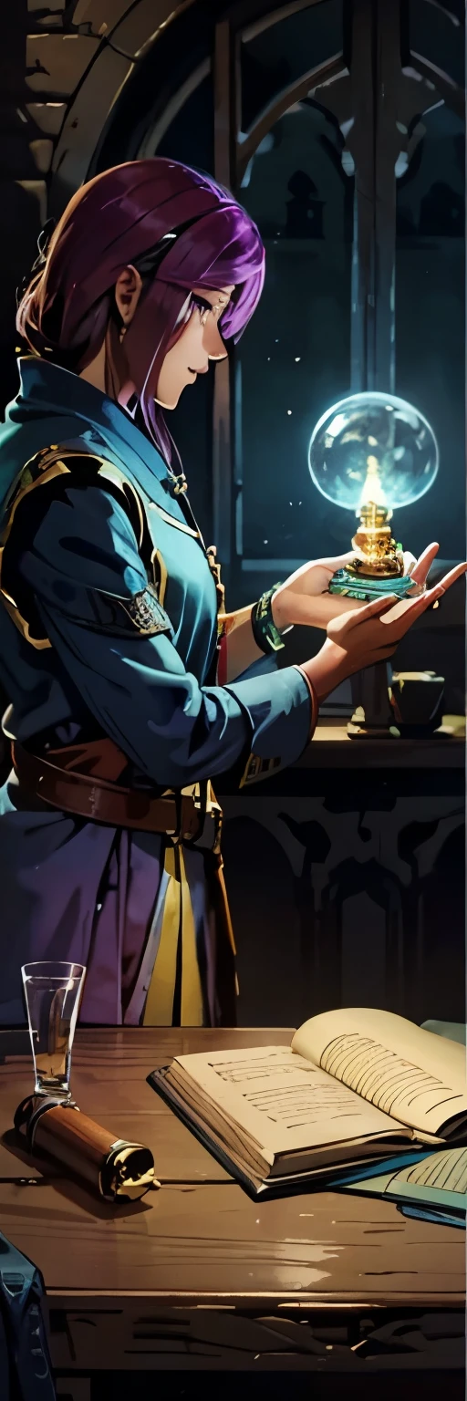 fantasy illustration, alchemist performing transmutation shiny object on a table