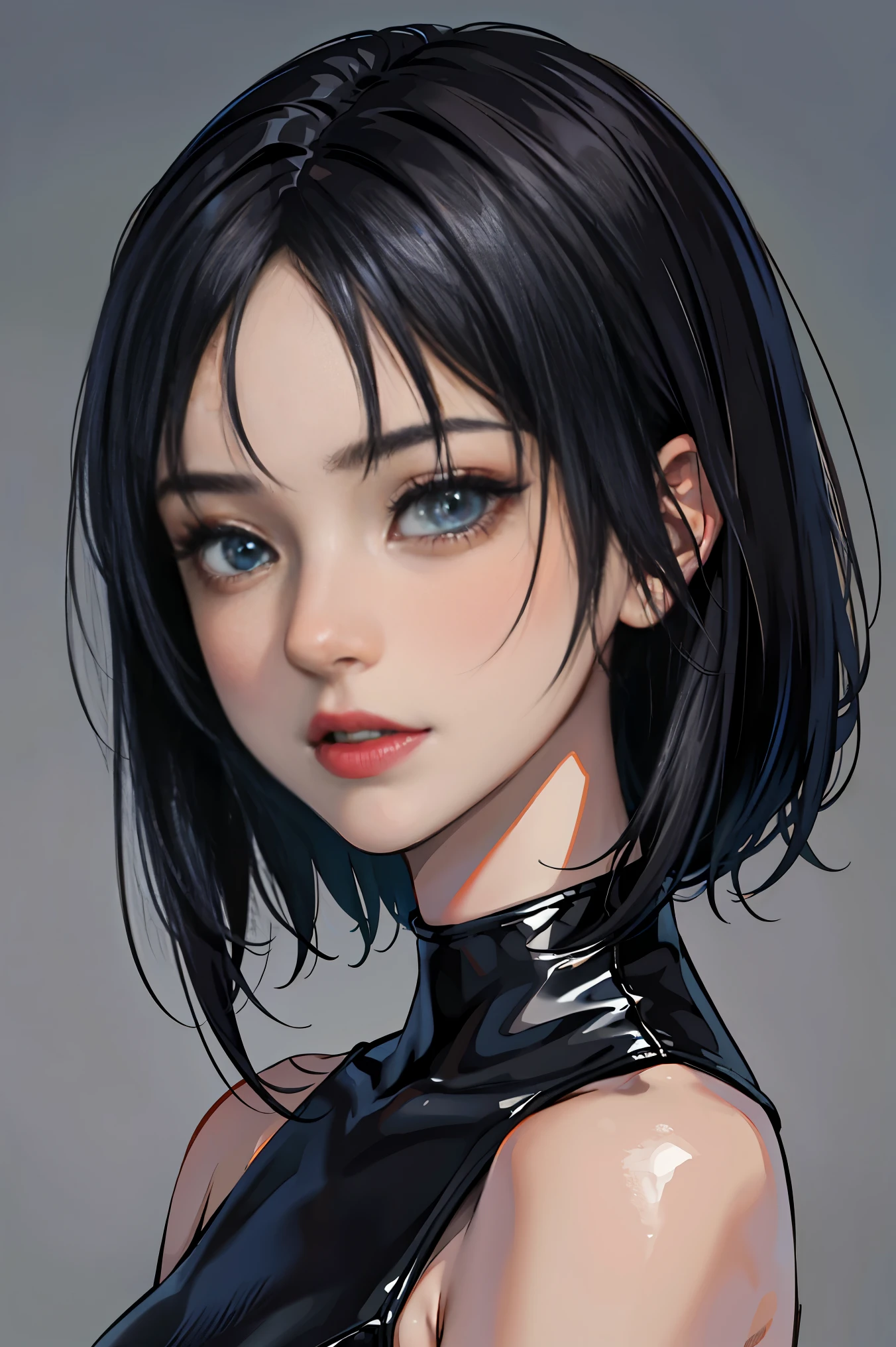 a 20 yo woman、Black blue hair、Bery short hair、(hi-top fade:1.3)、dark themed、Muted Tones、Subdued Color、highly contrast、(natural skin textures、Hyper-Realism、Soft light、sharp)