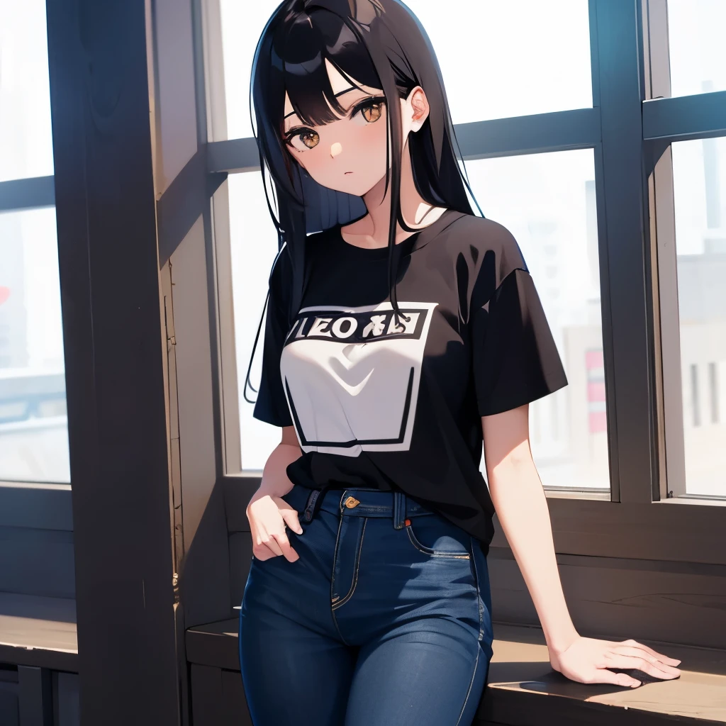 Girl, black hair, brown eyes, calm features, white skin, jeans style