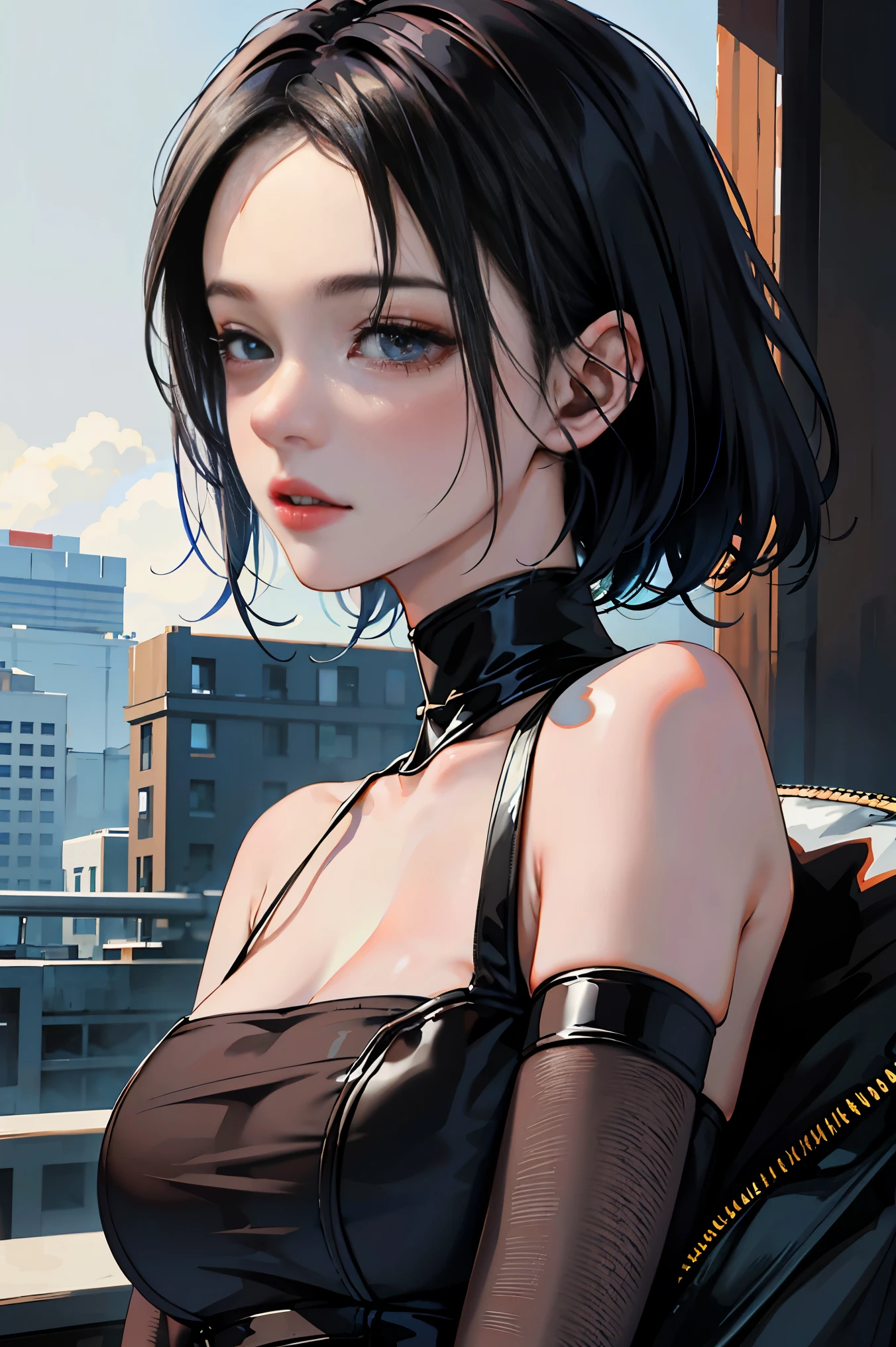 a 20 yo woman、Black blue hair、Bery short hair、(hi-top fade:1.3)、dark themed、Muted Tones、Subdued Color、highly contrast、(natural skin textures、Hyper-Realism、Soft light、sharp)