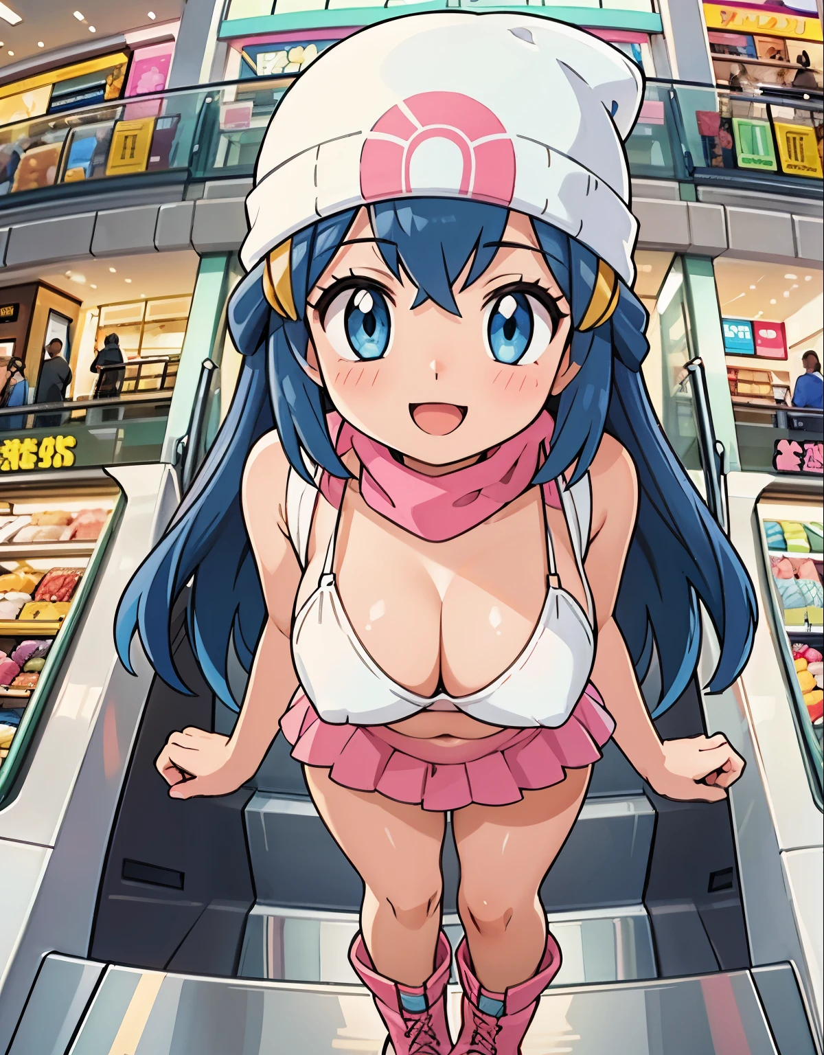 best quality,4k,8k,highres,masterpiece:1.2,ultra-detailed,realistic:1.37,portrait,illustration,girldawn \(pokemon\), beanie, long hair, blue hair, blue eyes, black sleeveless shirt, pink scarf, pink skirt, pink boots, body shape, downblouse, visible navel, chubby thighs,beautiful detailed eyes,beautiful detailed lips,detailed facial features,shopping mall,joyful expression,colorful clothing,modern fashion,shiny floors,large glass windows,brand name stores,shopping bags,escalators,crowded aisles,bustling atmosphere,shopping spree,happy atmosphere,vivid colors,soft natural lighting