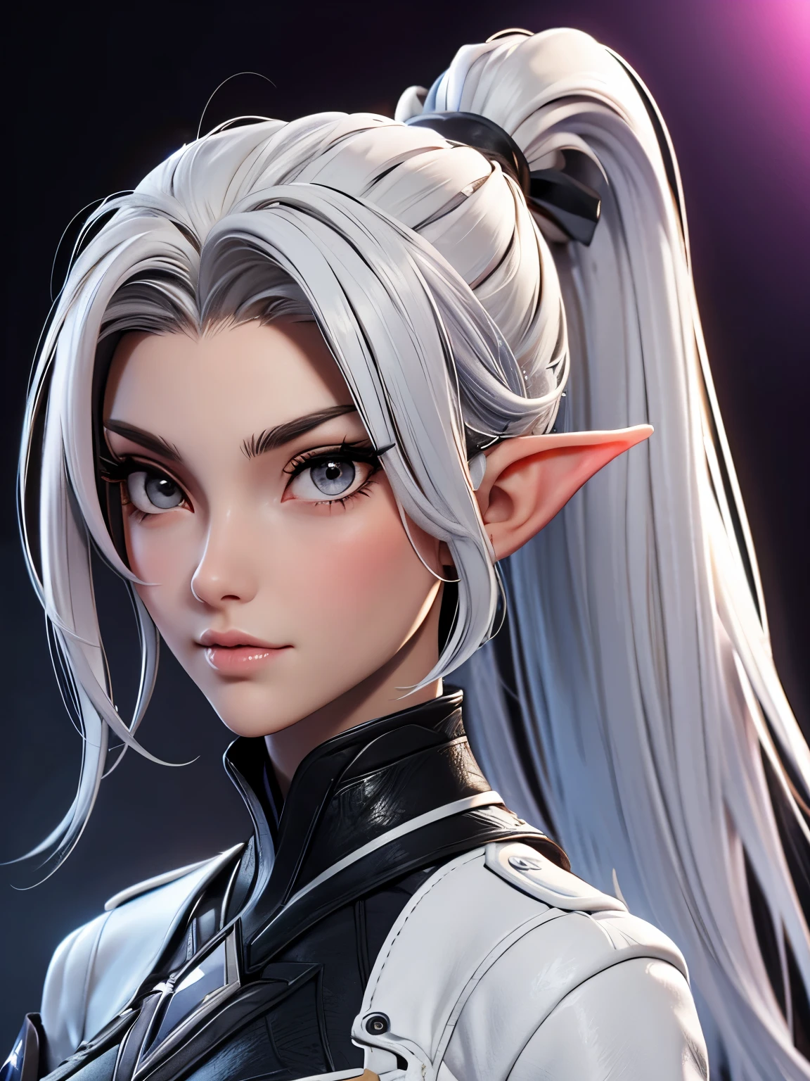 Millicent is a 21 year old young girl, tall and fit physique. She has fair skin and gray eyes with small pupils. Long wavy white hair braided into a high ponytail with many small braids. Has long pointed ears. Described as an incredibly beautiful girl. Prefers to wear black clothes, gray and white colors