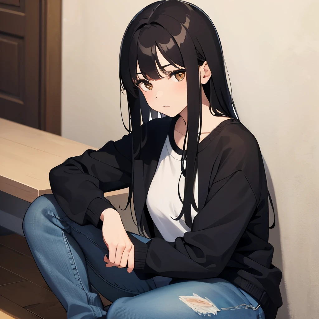 Girl, black hair, brown eyes, calm features, white skin, jeans style