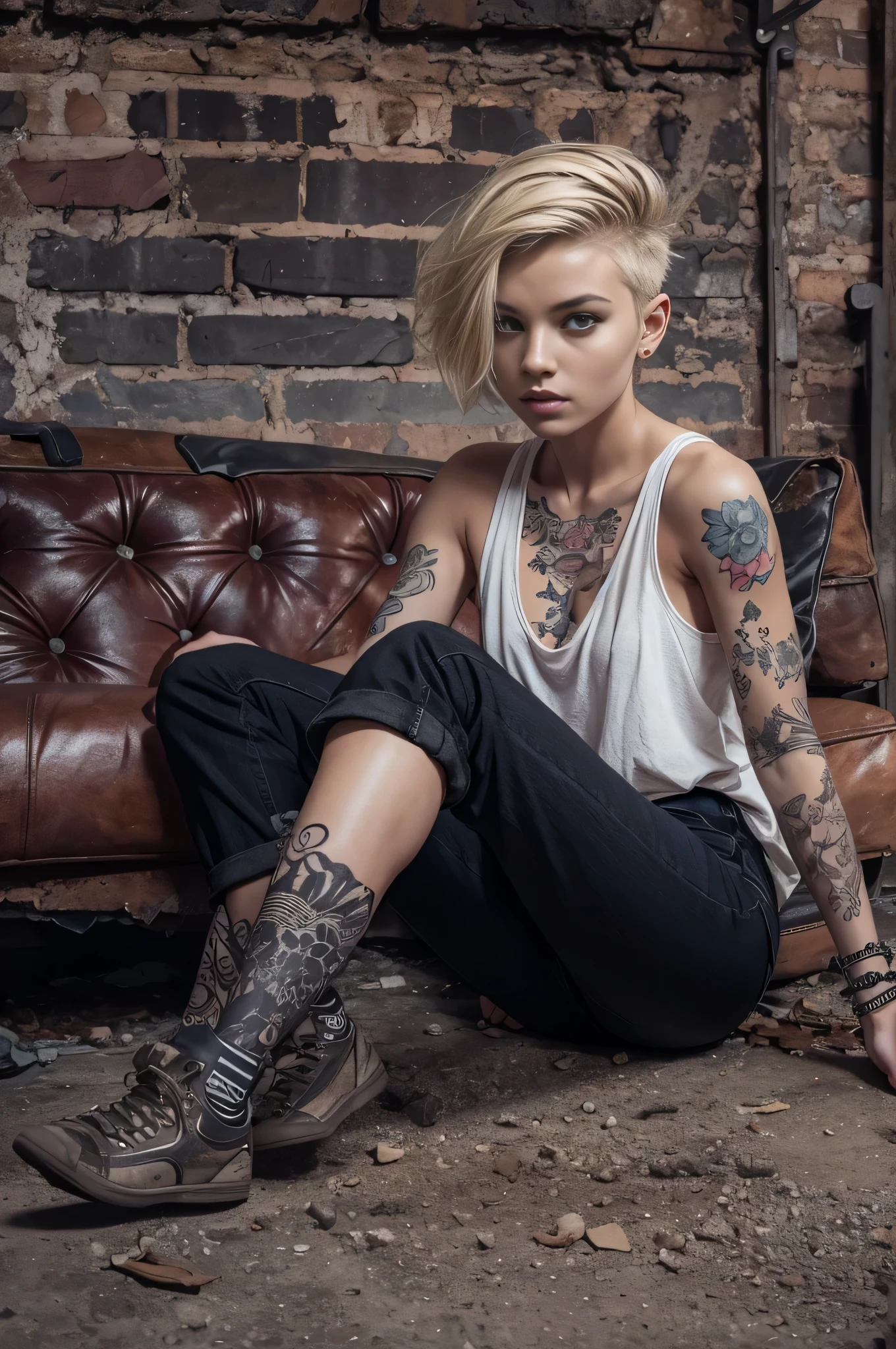 Blonde Short-Cut Hair、Dirty white tank top、Flower tattoos on both arms、Realistic skin texture、16 year old Dutch girl、punk、Tattoos all over the body 、Leather sofa in an abandoned factory、Sitting Woman,