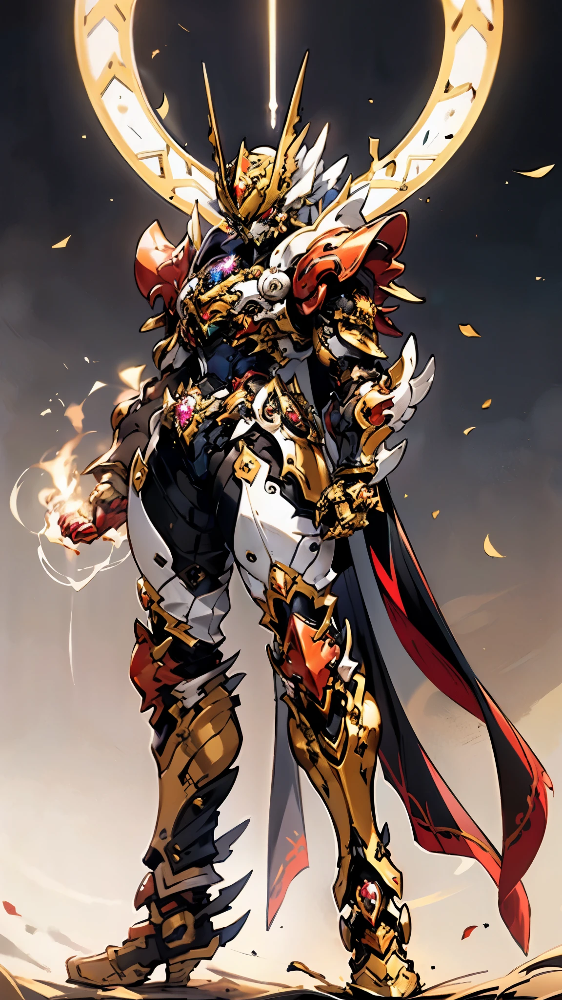 A woman adorned in fantasy-style full-body armor, a crown-concept fully enclosed helmet that unveils only her eyes, a composite layered  plate, fully encompassing shoulder and hand guards, a lightweight waist armor, form-fitting shin guards, the overall design is heavy-duty yet flexible, ((the armor gleams with a golden glow, complemented by red and blue accents)), exhibiting a noble aura, she floats above a fantasy-surreal high-tech city, this character embodies a finely crafted fantasy-surreal style armored hero in anime style, exquisite and mature manga art style, (Queen bee mixed with Spider concept Armor, plasma, blood), ((Element, energy, elegant, goddess, femminine:1.5)), metallic, high definition, best quality, highres, ultra-detailed, ultra-fine painting, extremely delicate, professional, anatomically correct, symmetrical face, extremely detailed eyes and face, high quality eyes, creativity, RAW photo, UHD, 32k, Natural light, cinematic lighting, masterpiece-anatomy-perfect, masterpiece:1.5