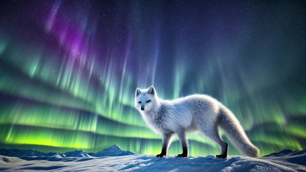 An arctic fox,white fur,fluffy tail,blue eyes,curious expression,standing on a snowy landscape,dark blue sky,aurora borealis in the background,(best quality,4k,highres),detailed fur texture,realistic rendering,vivid colors,subtle lighting.