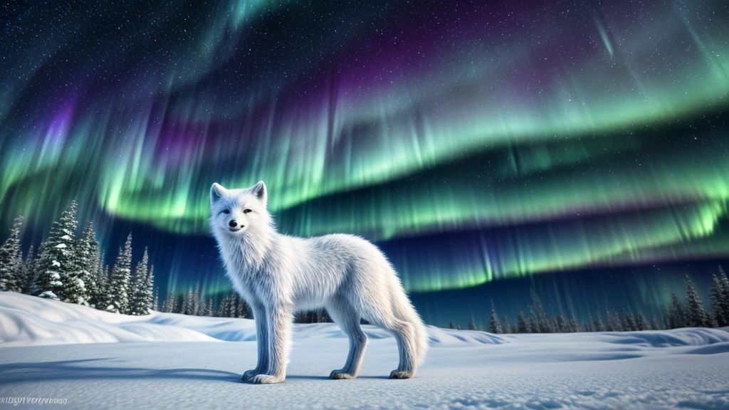 An arctic fox,white fur,fluffy tail,blue eyes,curious expression,standing on a snowy landscape,dark blue sky,aurora borealis in the background,(best quality,4k,highres),detailed fur texture,realistic rendering,vivid colors,subtle lighting.