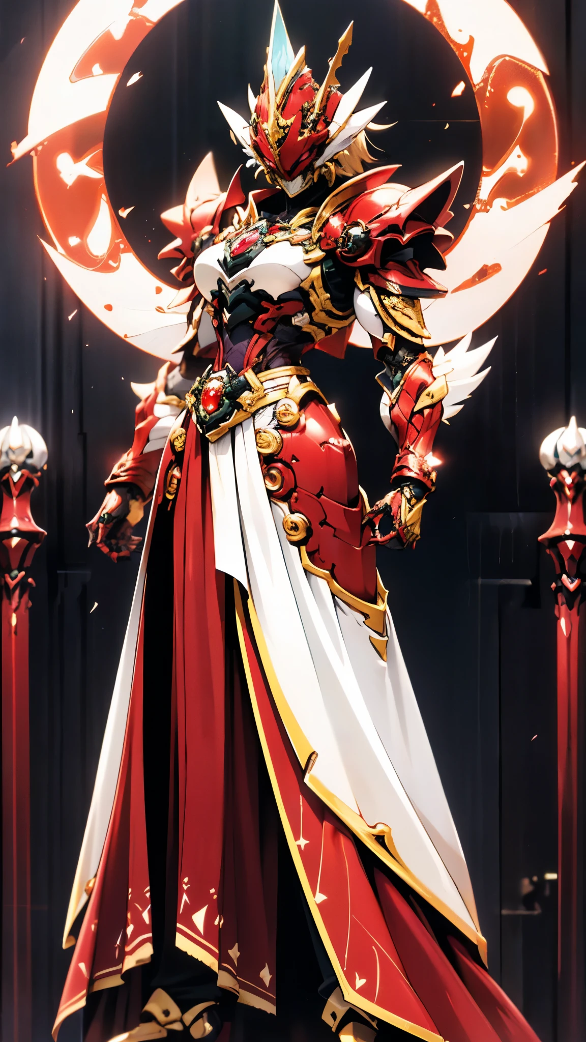 A woman adorned in fantasy-style full-body armor, a crown-concept fully enclosed helmet that unveils only her eyes, a composite layered chest plate, fully encompassing shoulder and hand guards, a lightweight waist armor, form-fitting shin guards, the overall design is heavy-duty yet flexible, ((the armor gleams with a golden glow, complemented by red and blue accents)), exhibiting a noble aura, she floats above a fantasy-surreal high-tech city, this character embodies a finely crafted fantasy-surreal style armored hero in anime style, exquisite and mature manga art style, (Queen bee mixed with Spider concept Armor, plasma, blood), ((Element, energy, elegant, goddess, femminine:1.5)), metallic, high definition, best quality, highres, ultra-detailed, ultra-fine painting, extremely delicate, professional, anatomically correct, symmetrical face, extremely detailed eyes and face, high quality eyes, creativity, RAW photo, UHD, 32k, Natural light, cinematic lighting, masterpiece-anatomy-perfect, masterpiece:1.5